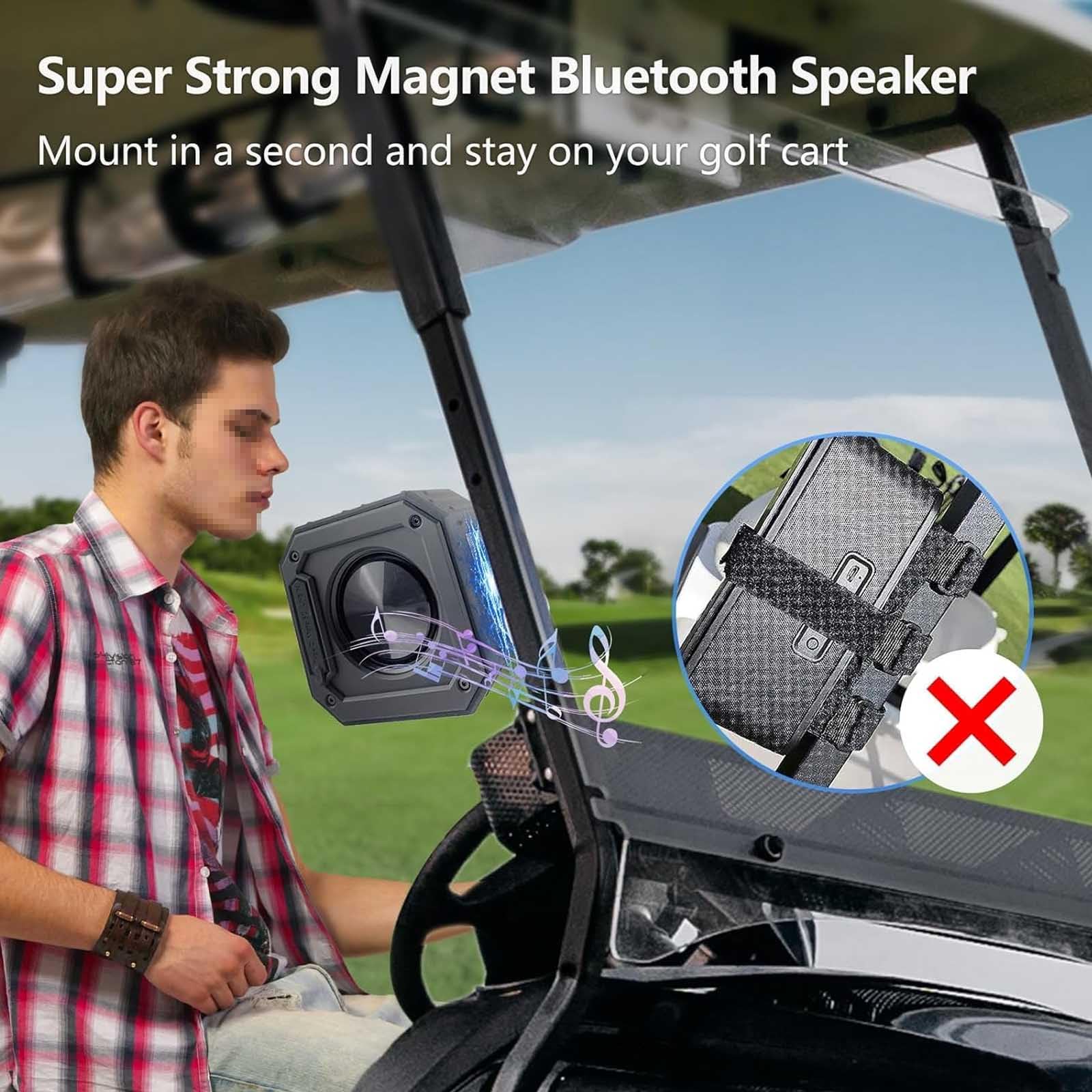 Portable Bluetooth Speaker with Magnetic Base - 15W Loud Sound & Deep Bass, IPX7 Waterproof Wireless Speaker for Golf, Outdoor, Travel | Perfect Golf Cart Accessory & Gift for Men (Sports, Beach, Camping, Parties)