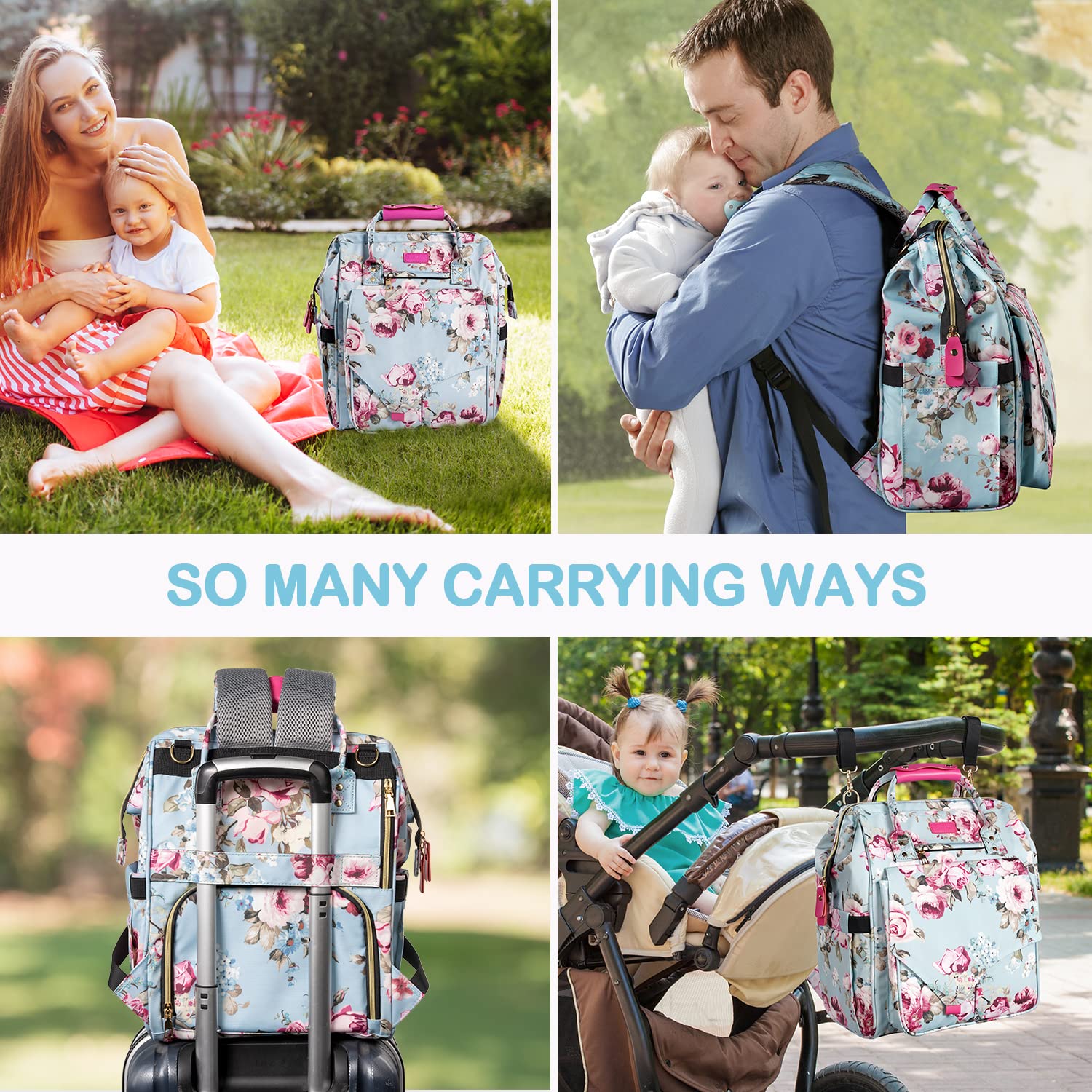 **LitBear Large Waterproof Diaper Backpack for Baby Girls - Insulated Multifunctional Travel Maternity Bag with Diaper Pad & Bottle Pockets, Floral Design (Rose Flower) - Perfect for Daycare, Travel & Outings**
