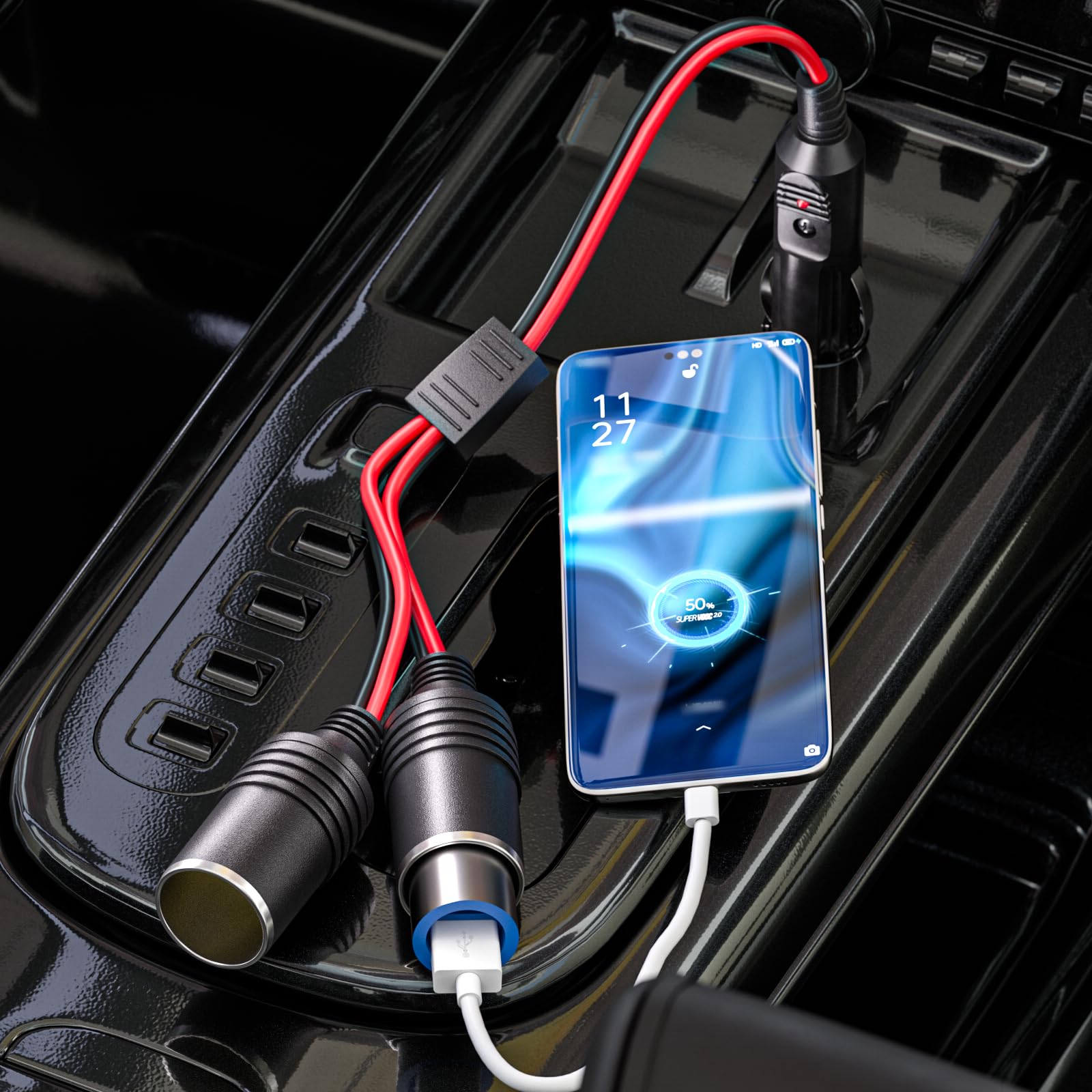 12V Car Cigarette Lighter Splitter 1 to 2 Port Adapter - Dual USB Charger Socket with 15A Fuse & 11.8in Extension Cord for Phones, GPS, Dash Cams - Perfect for Road Trips & Long Drives