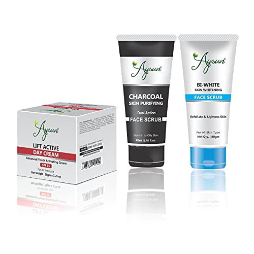 Aysun Lift Active Day Cream & Charcoal Face Scrub + BI White Face Scrub Combo Pack of 3 | Anti-Aging & Deep Cleansing Skincare Set | Perfect for Daily Routine & Spa Night