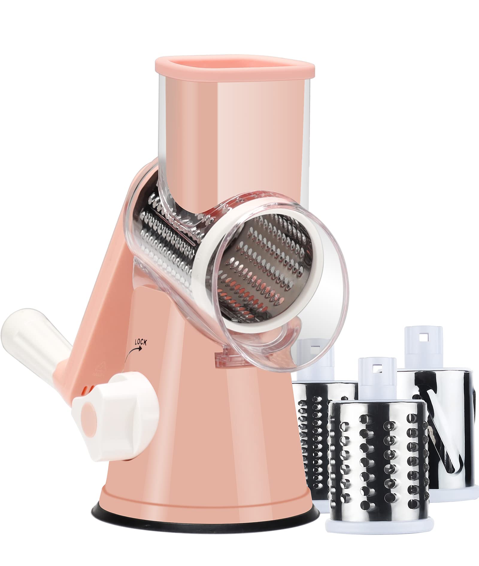 Premium Rotary Cheese Grater with Ergonomic Handle - 3-in-1 Manual Vegetable Slicer for Cheese, Nuts, Potatoes & Carrots - Stainless Steel Kitchen Mandoline Slicer for Hashbrowns, Garlic & Food Prep (Pink) | Perfect for Meal Prep, Salad Making & Quick Cooking