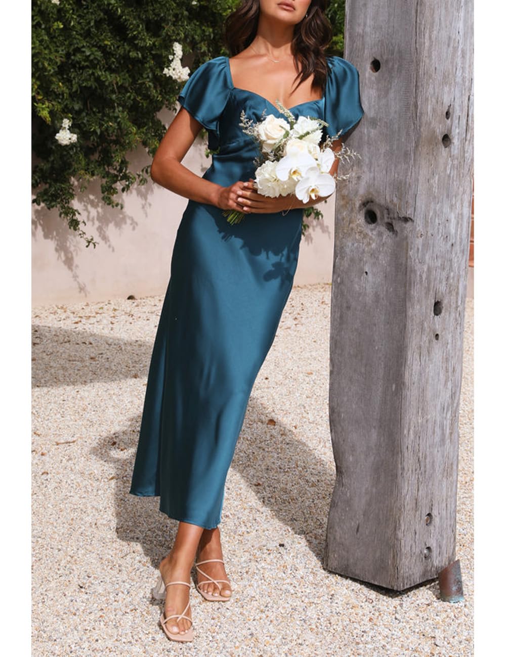 Elegant Summer Satin Flutter Sleeve Wedding Guest Dress for Women - Sweetheart Neckline, Cutout Back with Tie Detail, Midi Cocktail Dress | Perfect for Weddings, Parties & Special Occasions