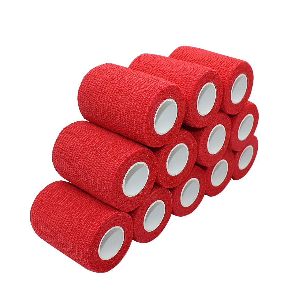 3 Inch Vet Wrap Cohesive Bandage - 12 Pack Red Self-Adhesive Tape for Wound Care, Sports Injuries & Pet First Aid | Stretchy Self-Sticking Fabric Bandage for Humans & Animals