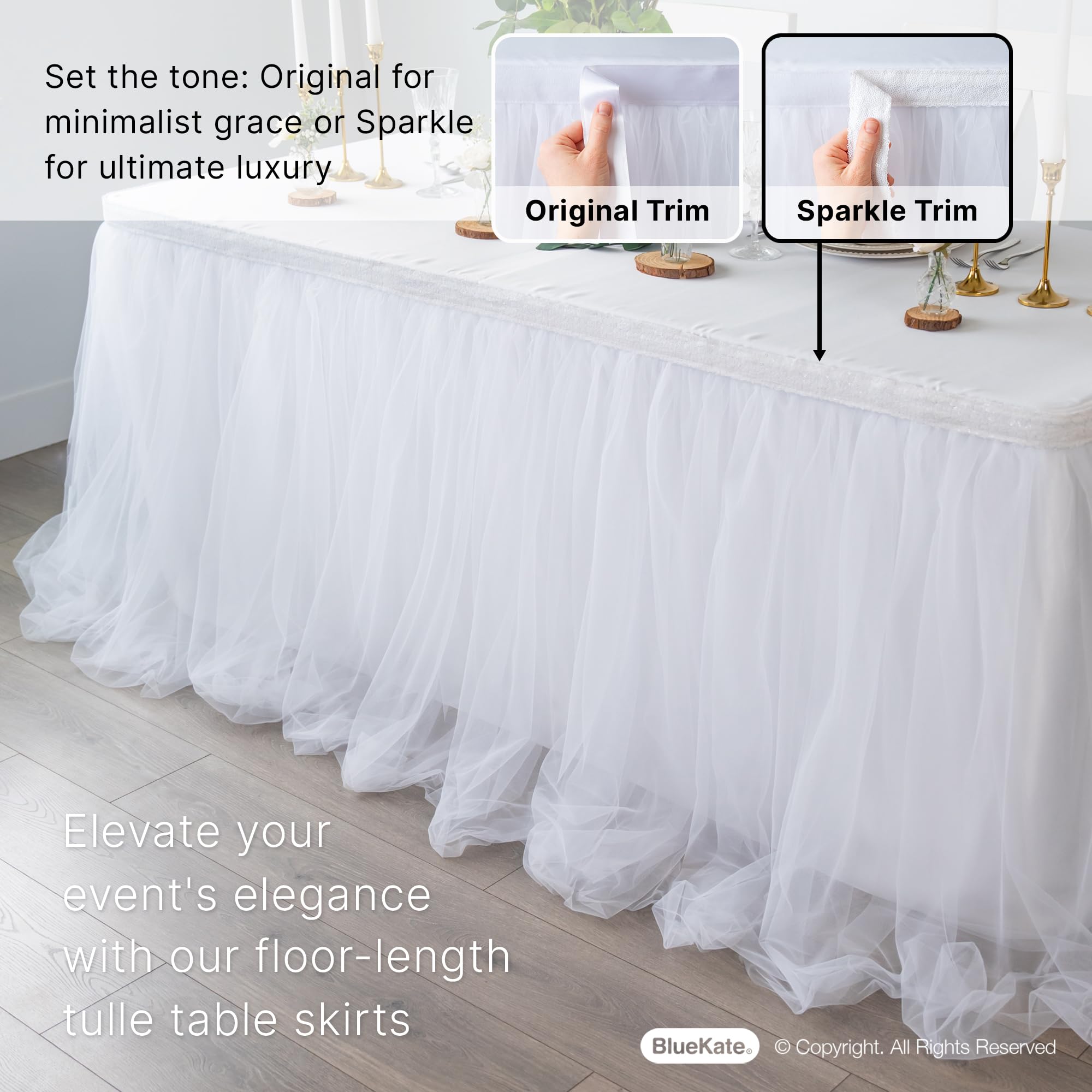 Bluekate White Tulle Table Skirt with Two Trims - 6ft Rectangle Table Tutu Skirt for Party Decor | Perfect for Baby Showers, Weddings & Unicorn Themed Events | Elegant Table Cover for Birthday Parties & Special Occasions