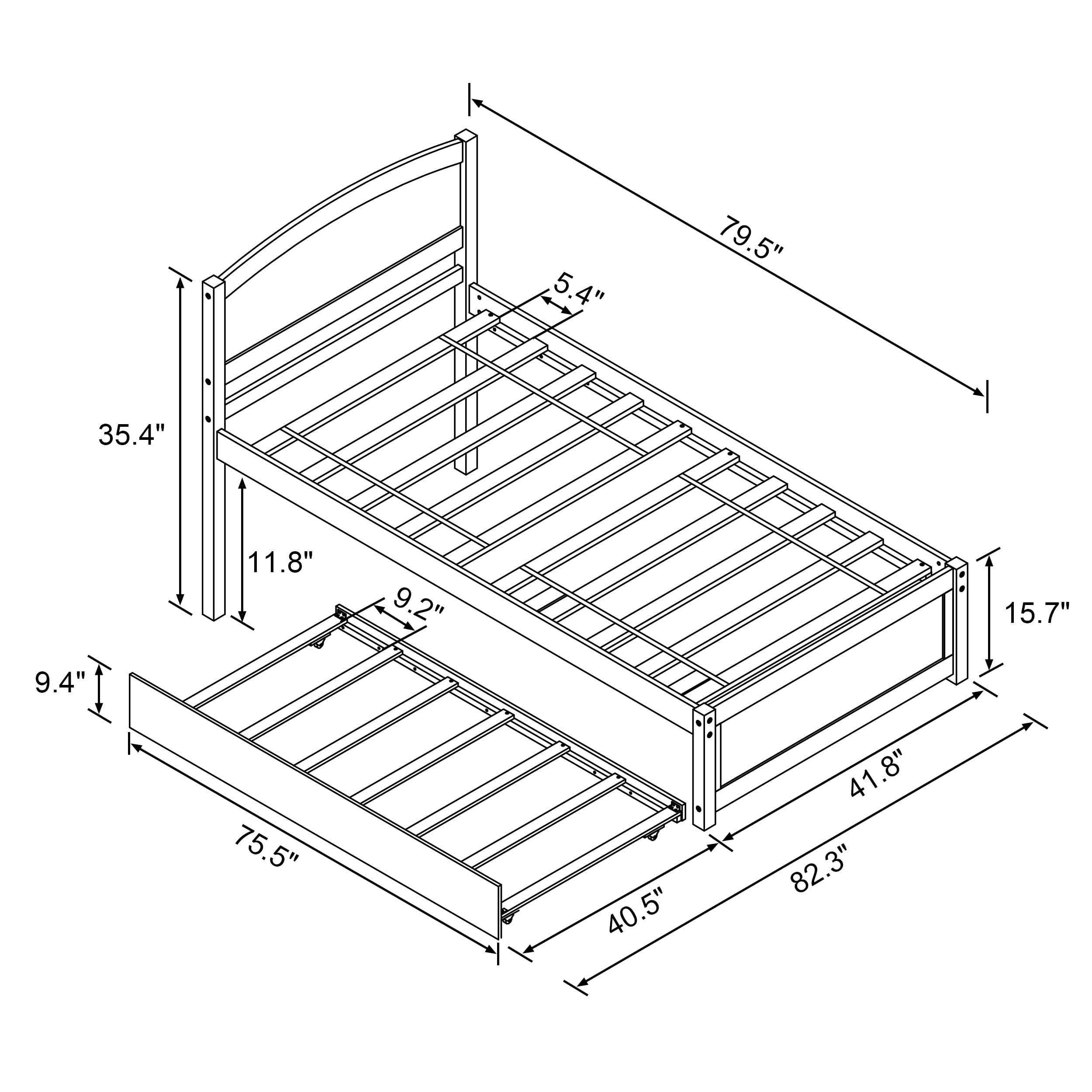 Solid Wood Twin Trundle Bed Frame with Headboard & Wooden Slats - No Box Spring Needed, Grey | Space-Saving Guest Bed, Kids Room, Small Apartments & Dorm Rooms