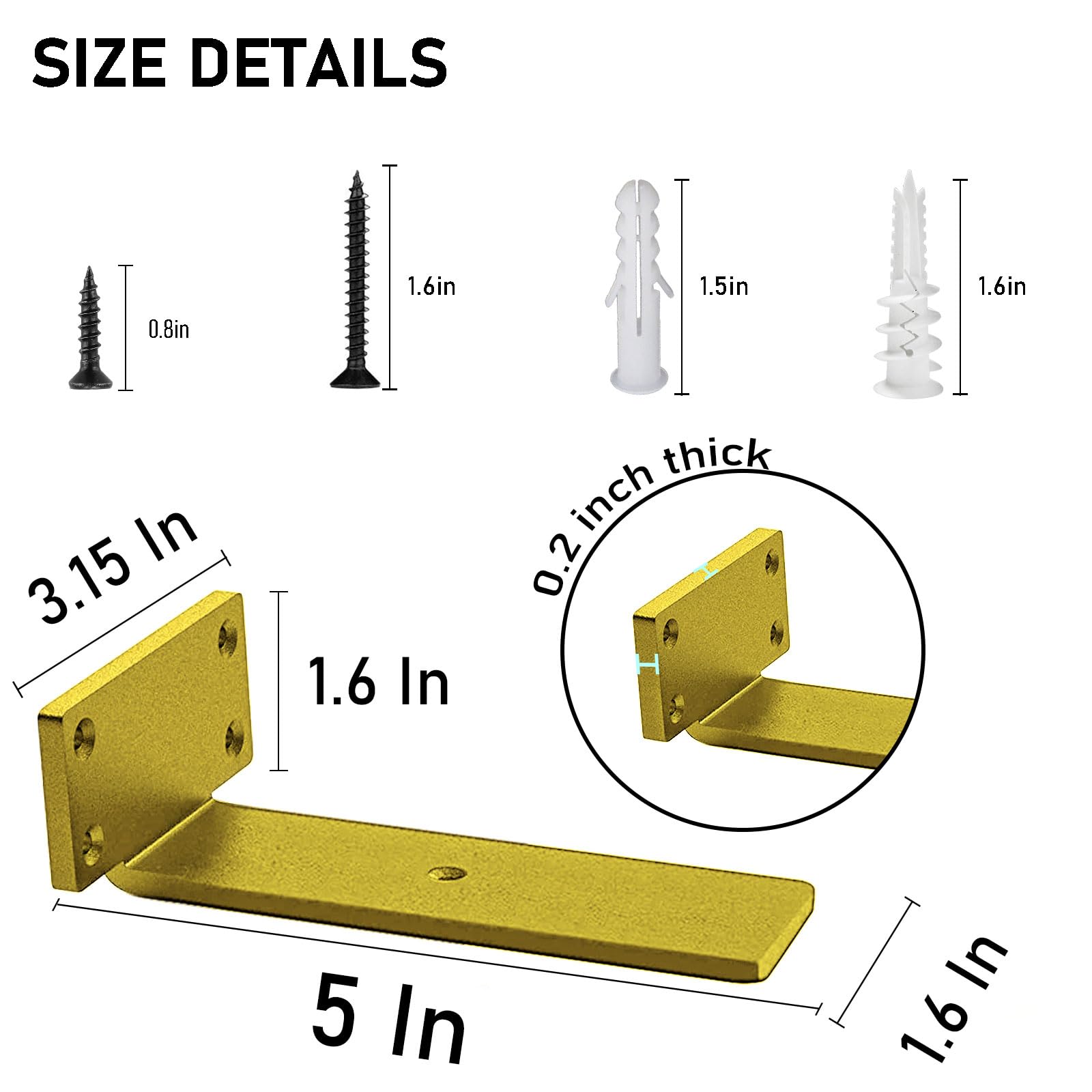 Heavy-Duty 5-Inch Floating Shelf Brackets - 0.2-Inch Thick Gold L-Shaped Steel Shelving Supports (6 Pack) - Perfect for Home Organization, Kitchen Storage & Wall Decor