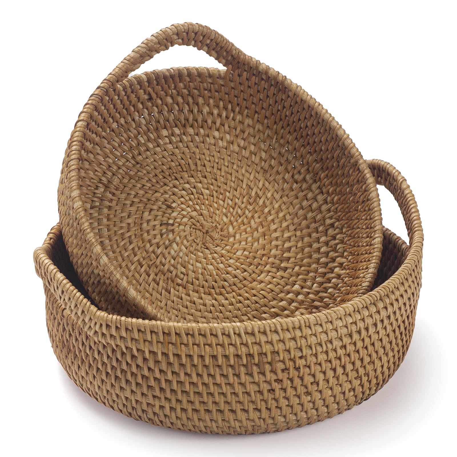 Handwoven Rattan Storage Basket with Handles - Set of 2 for Fruit, Bread & Home Organization | Perfect for Kitchen, Dining Room & Farmhouse Decor