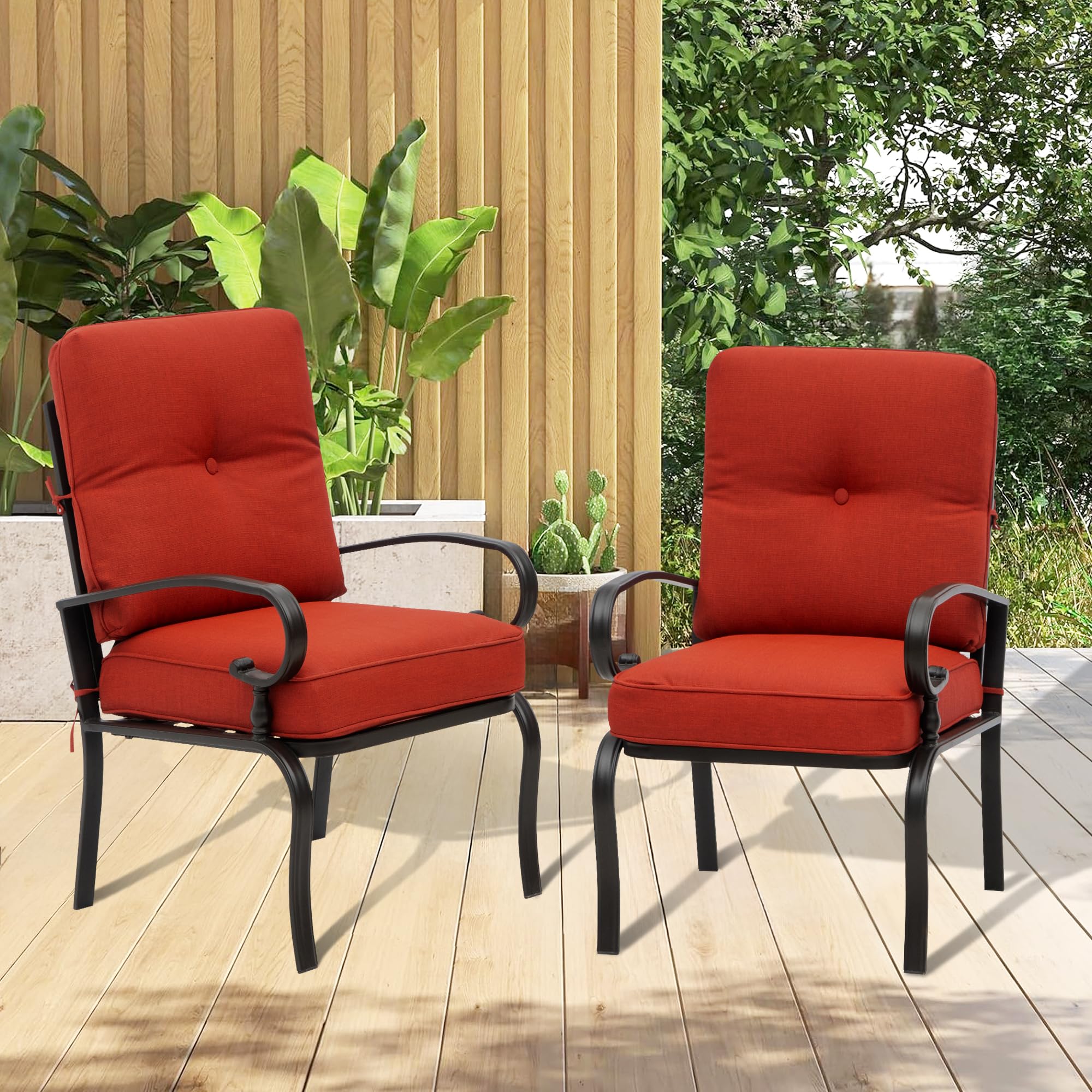 2 Pcs Outdoor Patio Dining Chairs Bistro Set - Wrought Iron All-Weather Garden Seating with Red Cushions - Perfect for Backyard, Balcony, and Cafe Outdoor Dining