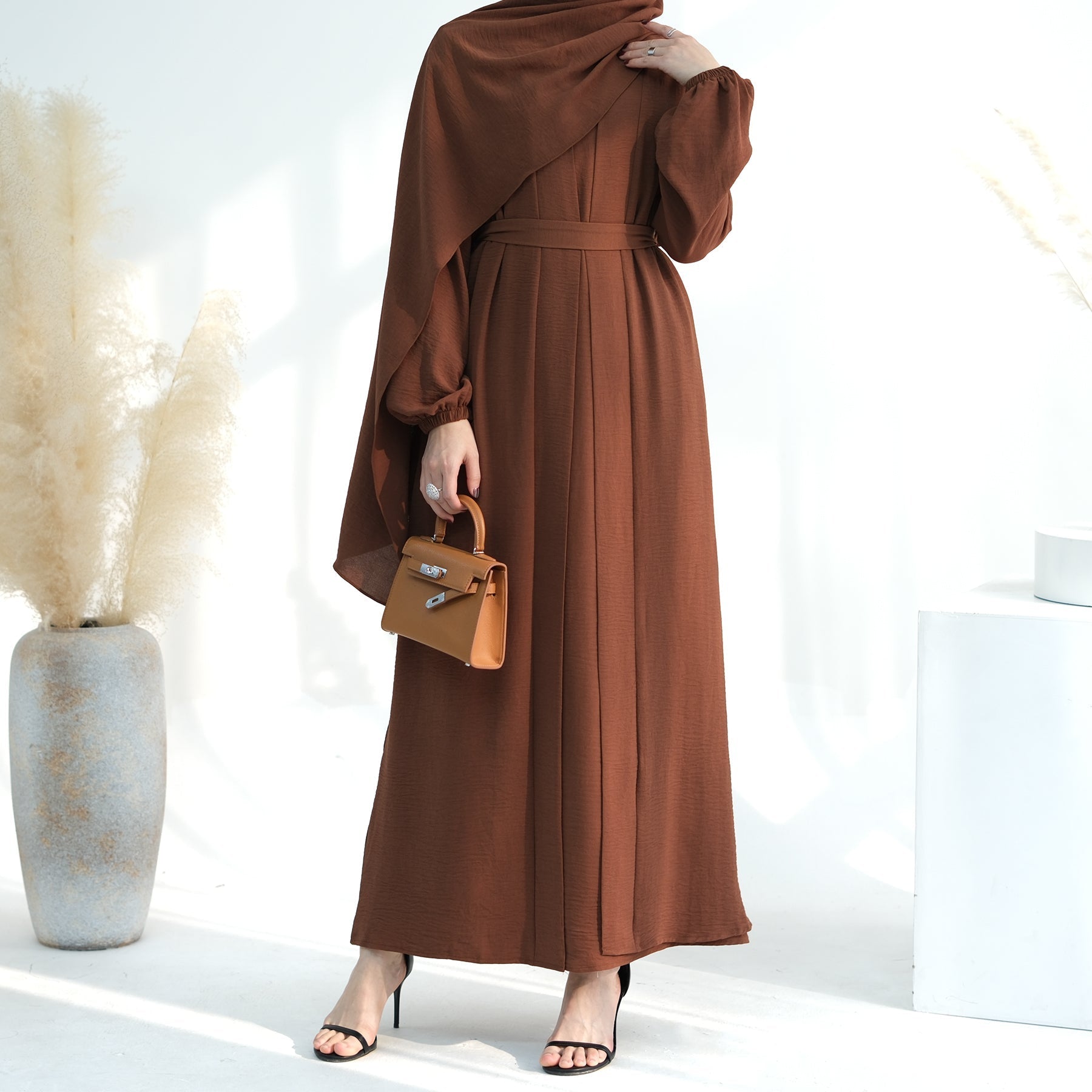 Lareina 3-Piece Abaya Set for Women - Modest Islamic Prayer Dress in Elegant Brown | Perfect for Eid, Ramadan & Mosque Wear