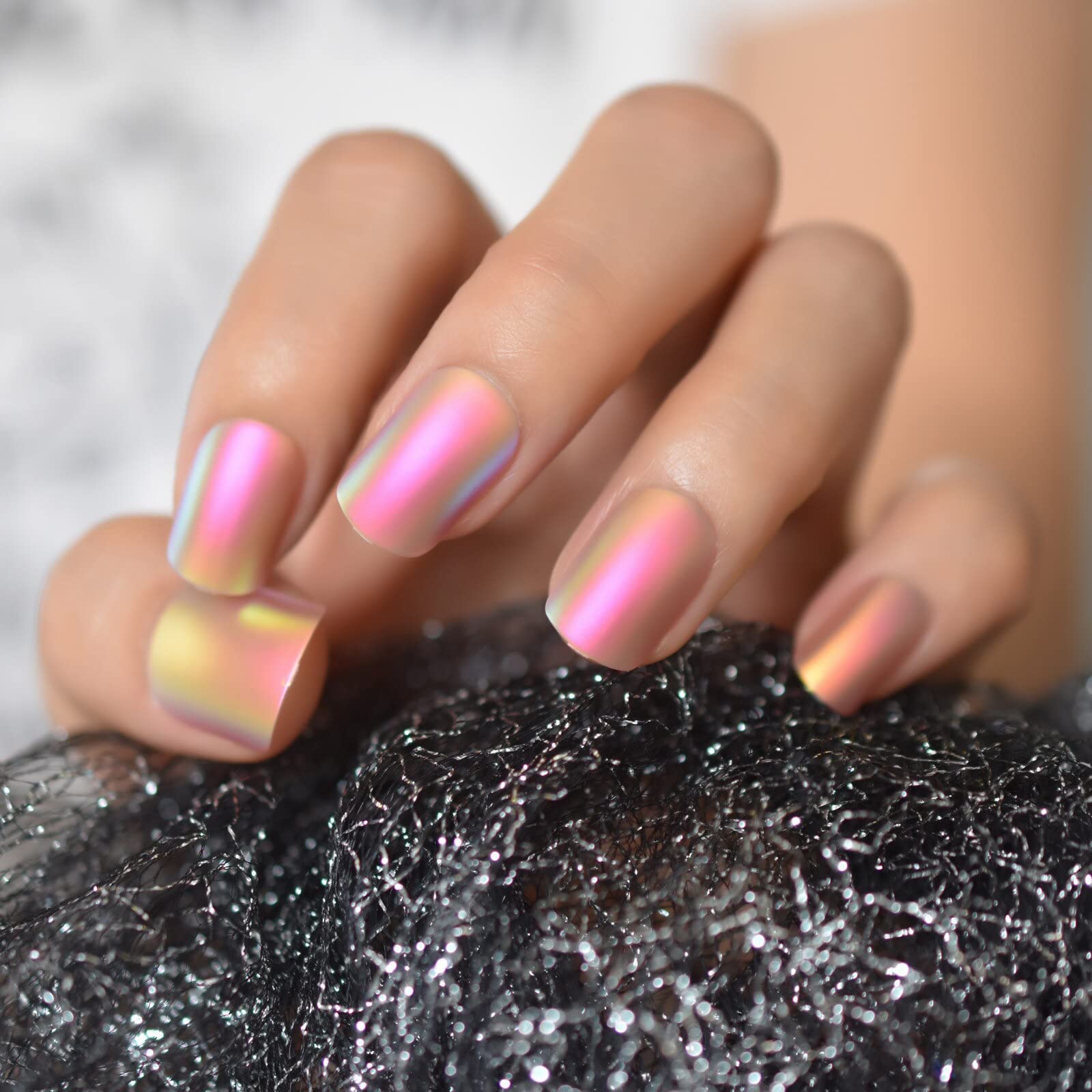 24pcs Short Squoval Press On Nails - Glossy Rainbow Chrome Fake Nails with Full Cover Design | Shiny Fingernail Tips for Parties, Weddings & Special Occasions