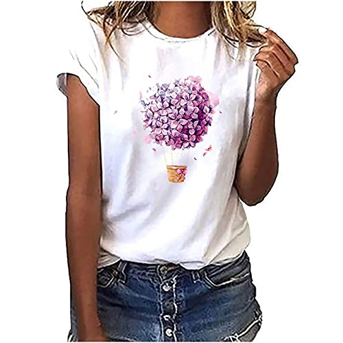 Women's White Summer Casual Short Sleeve Tunic T-Shirt - Loose Crewneck Printed Blouse Top for Everyday Wear, Beach Outings & Weekend Relaxation