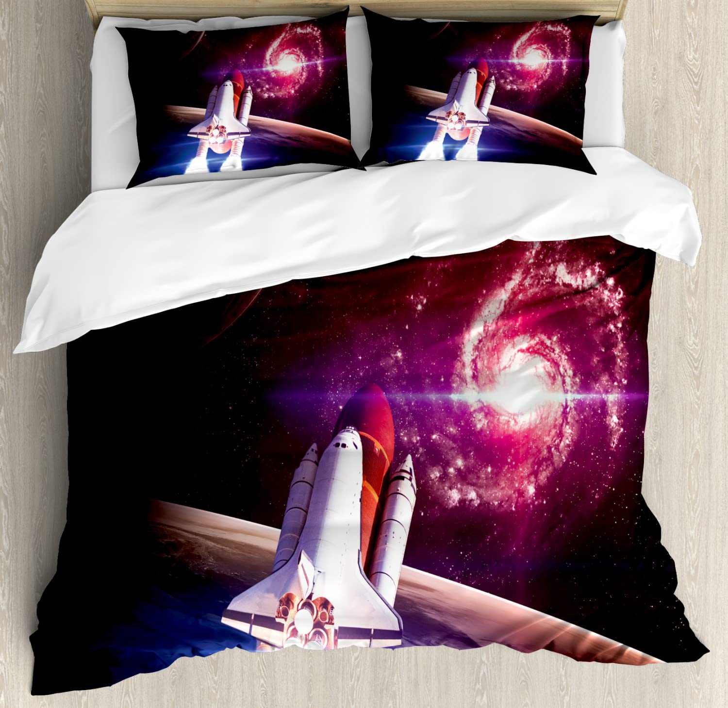 Ambesonne Galaxy Duvet Cover Set - King Size 2-Piece Bedding with 4 Pillowcases | Space Themed Milky Way & Planets Design in Magenta & White | Perfect for Astronomy Lovers' Bedroom Decor & Sci-Fi Themed Rooms