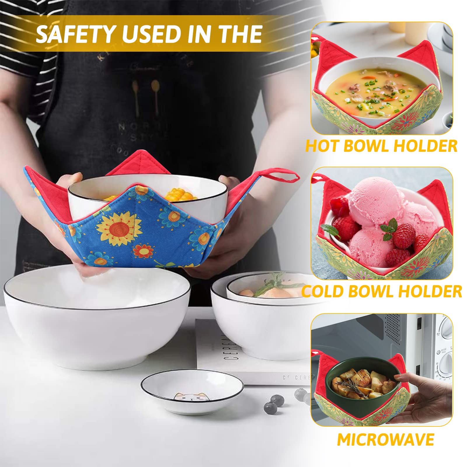 Microwave Safe Bowl Cozy Set of 2 - Heat Resistant Hot Soup Bowl Holders & Multipurpose Potholders for Hot/Cold Foods - Essential Kitchen Utensils for Microwave, Oven & Meal Prep (Green & Blue)