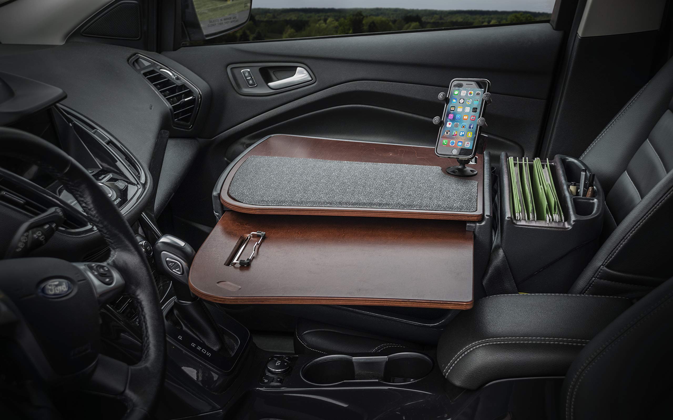 AutoExec AUE10053 GripMaster Car Desk with Phone Mount - Mahogany Finish Wooden Laptop Tray for Work & Dining in Vehicle | Perfect for Road Trips, Business Travel & Commuting