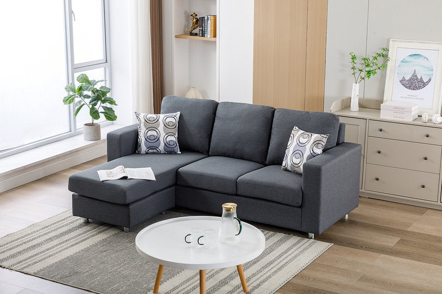 Modern Grey Fabric Sofa with Chrome Legs & Accent Pillows - Stylish Living Room Furniture for Small Spaces & Apartments