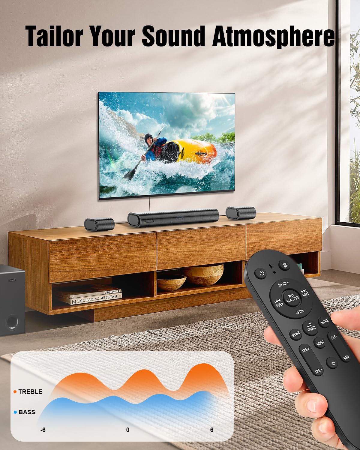 Hiwill 4.1ch Dolby Atmos Sound Bar with Wireless Subwoofer - 300W Powerful Surround Sound System for Smart TV, 2 Front Speakers, Adjustable Bass - Perfect for Home Theater, Gaming & Movie Nights