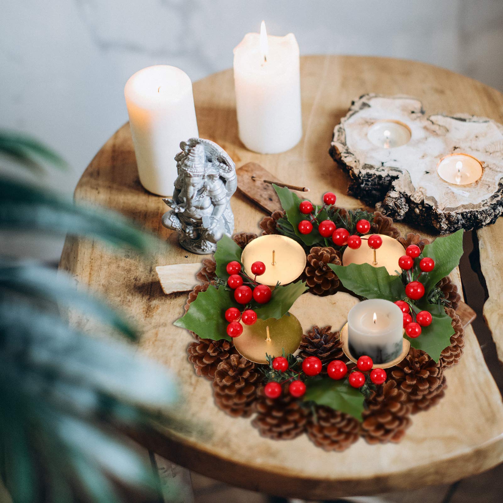ABOOFAN Traditional Christmas Advent Wreath with 4 Candles - Pine Cone, Ribbon & Holly Berry Decor - Festive Holiday Table Centerpiece for Home, Church & Office Decorations