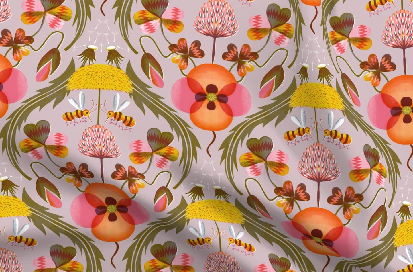 Organic Cotton Sateen Fabric Fat Quarter - Small Scale Clover Spring Garden Dandelion Poppy Print by Spoonflower for Sewing, Quilting, Apparel & Home Decor | Perfect for DIY Crafts, Curtains & Upholstery