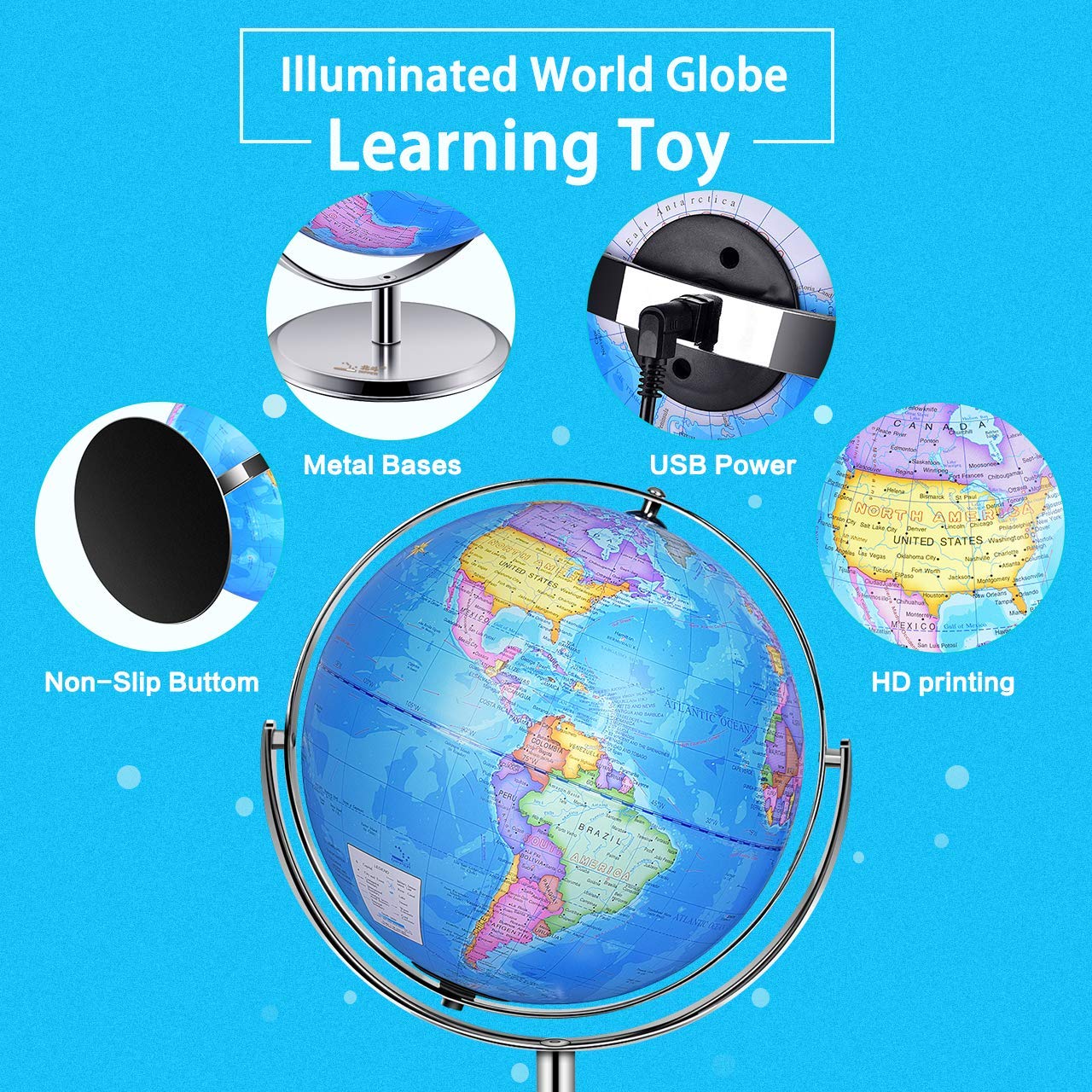 Educational Illuminated World Globe for Kids - Interactive Learning Globe with LED Night Light & Stand - Perfect for Bedroom, Study Room & Geography Lessons