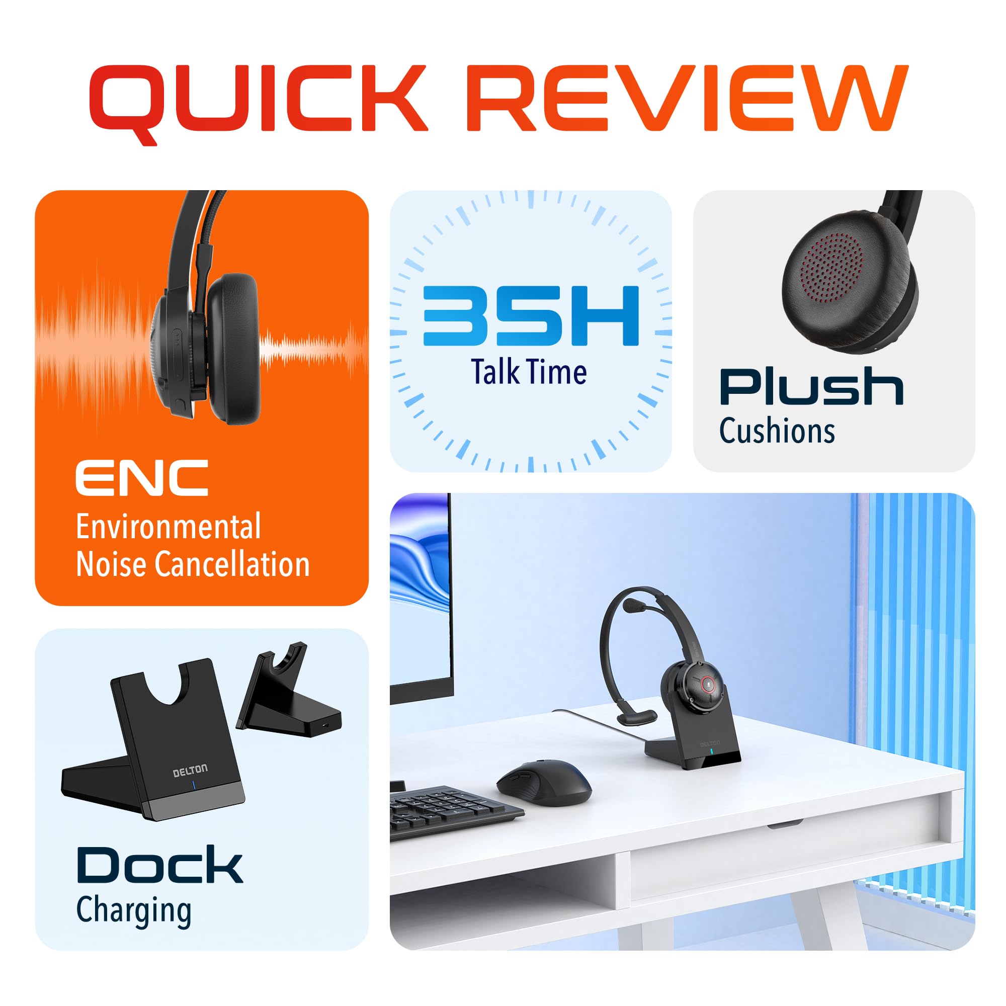 Delton Wireless Noise Canceling Headset with USB Dongle & Charging Dock - Bluetooth Computer Headphone for PC, Laptop, Mac - Works with Zoom, Microsoft Teams, Google Meet - Perfect for Home Office, Online Meetings & Remote Work (Black)