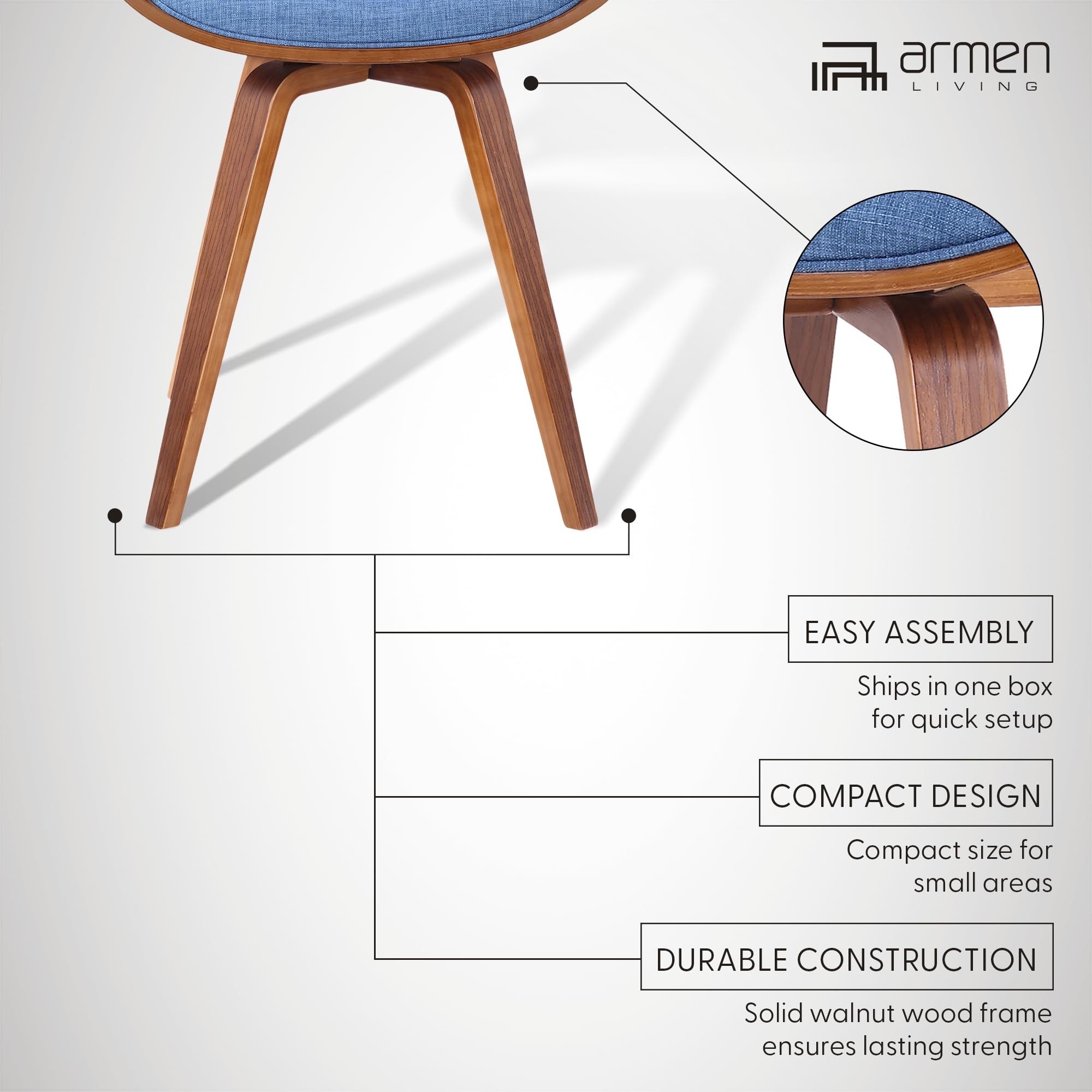 Mid Century Modern Dining Chair - Blue Fabric & Walnut Wood Accent Chair for Kitchen, Dining Table, Office Desk | Stylish Home Decor for Living Room, Breakfast Nook & Vanity Area