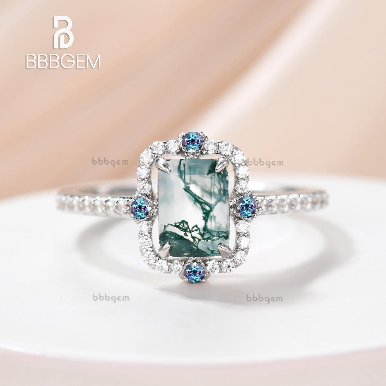 Vintage Emerald Step Cut Moss Agate White Gold Engagement Ring with 4 Alexandrite Accents - Symmetrical Wedding Band for Women, Bridal Jewelry, Anniversary Gift, Proposal Ring for Her