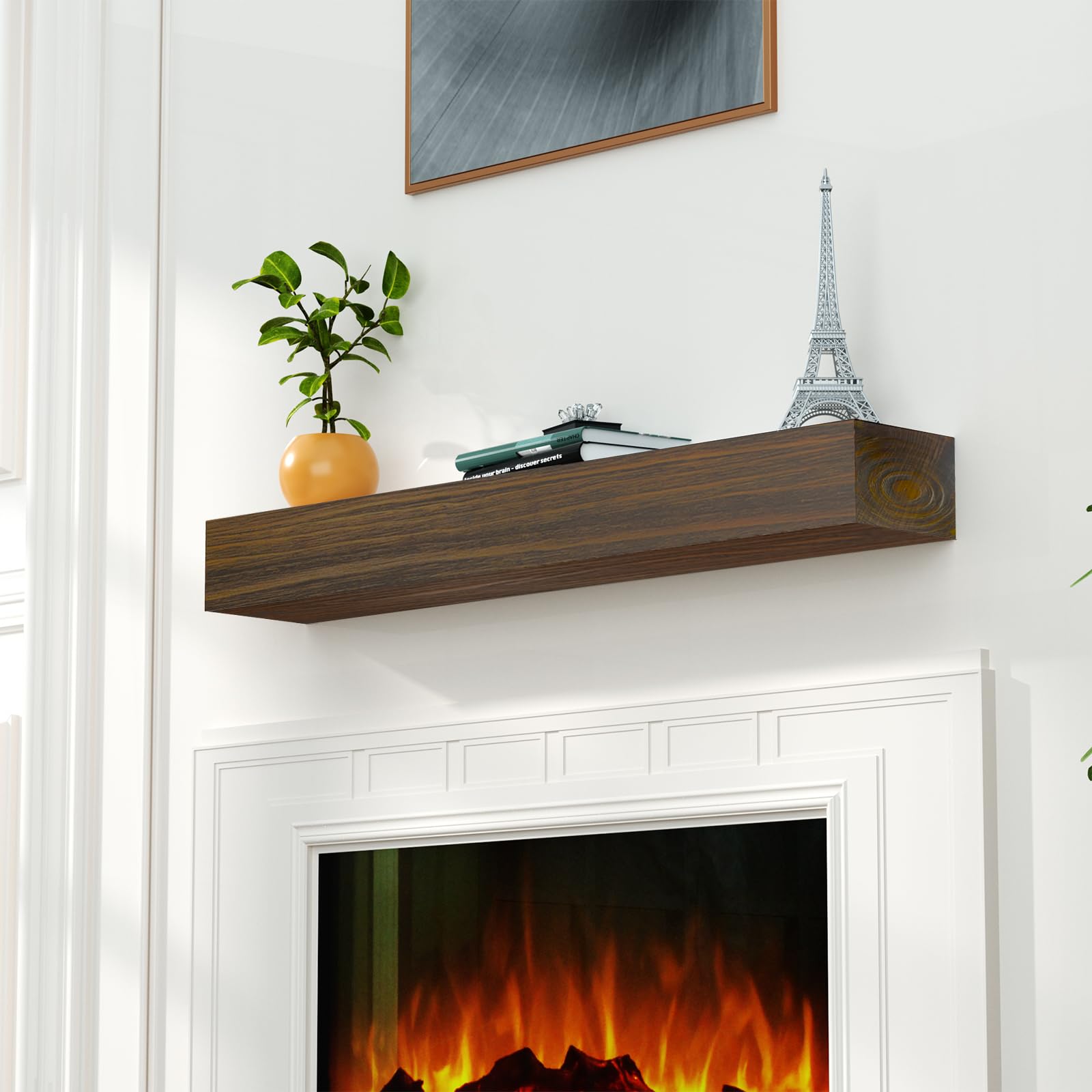 LOVMOR 60-Inch Floating Fireplace Mantel Shelf - Dark Chocolate Wood Wall Mount Mantel for Over Fireplace, 48