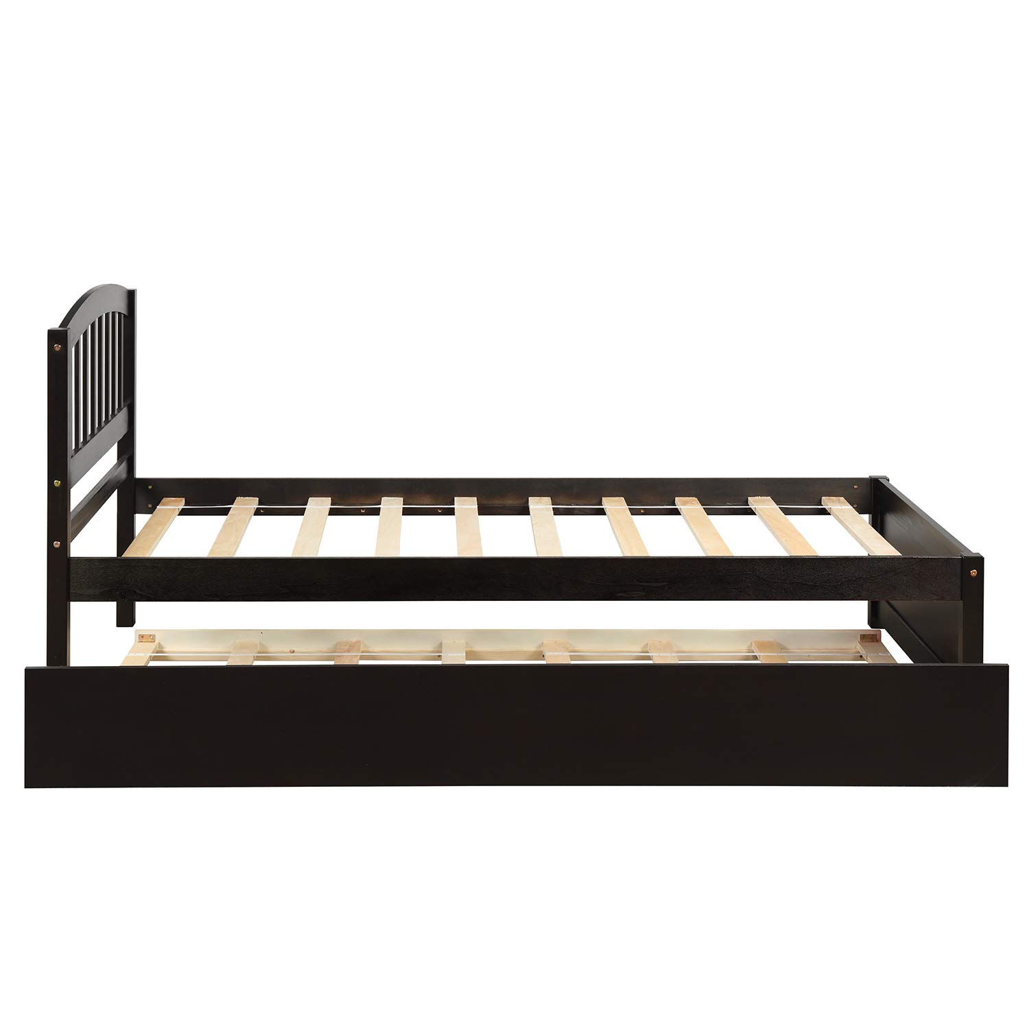 Merax Twin Size Wooden Platform Bed Frame with Trundle Headboard - No Box Spring Needed - Espresso Finish - Perfect for Kids Rooms, Guest Beds & Small Spaces