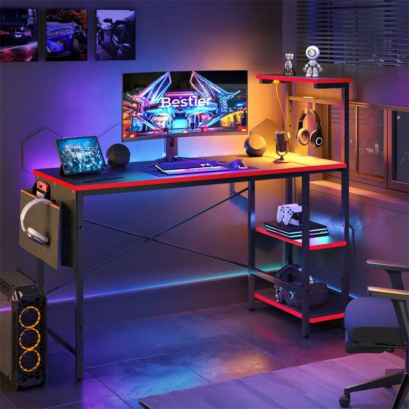 Bestier 51 Inch LED Gaming Desk with 4 Tier Shelves & Storage Bag - Perfect for PC Gaming Setup, Home Office & Streaming Station
