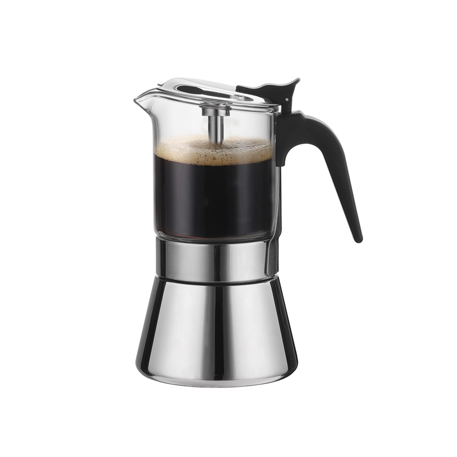 Moka Induction Stovetop Espresso Maker - 160ml Stainless Steel Italian Coffee Pot with Pressure Valve & Crystal Glass Top | Perfect for Home, Office & Camping Coffee Brewing