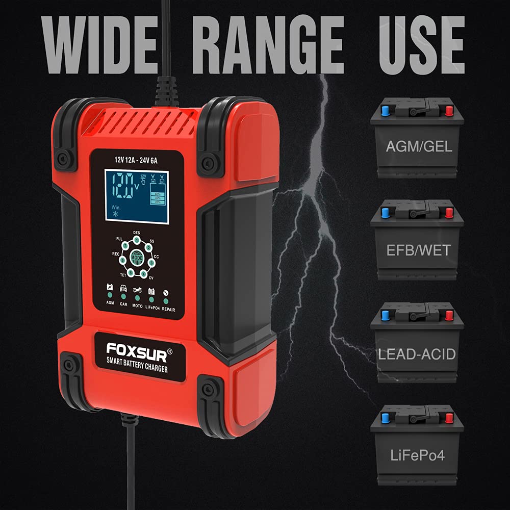 12V 24V 12A Smart Lead Pulse Battery Charger for Motorcycle & Car - LiFePO4 AGM Deep Cycle Gel EFB Lead-Acid Battery Charger - Perfect for Auto Repair Shops, Home Garage & RV Maintenance
