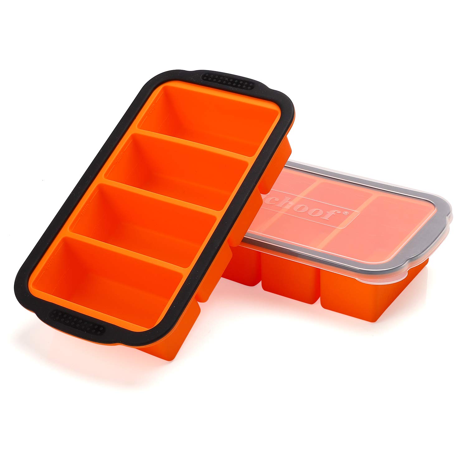 2-Pack Extra Large 1-Cup Silicone Freezer Ice Cube Trays with Lids - Perfect for Soup, Broth, Sauce, Butter & Meal Prep - Makes Four 1-Cup Portions (Orange) - Ideal for Freezing, Storing & Portion Control