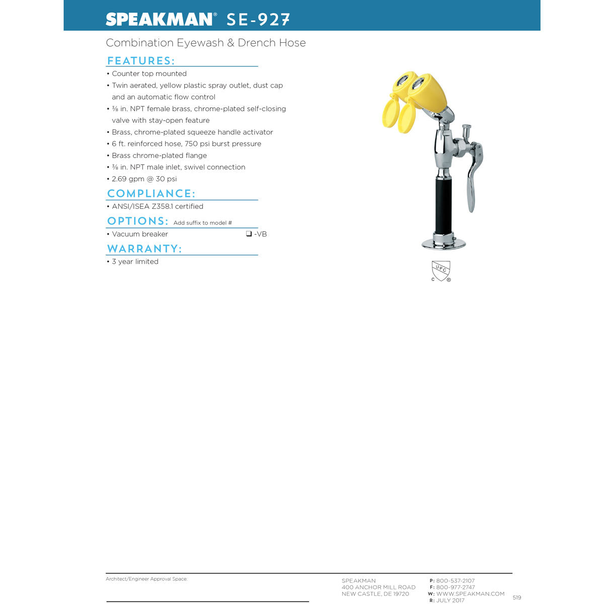 Speakman SE 927 SSHSE Deck Mounted Drench Hose & Eyewash Safety Shower Combo - Emergency Eye Wash Station for Laboratories, Industrial & Construction Sites