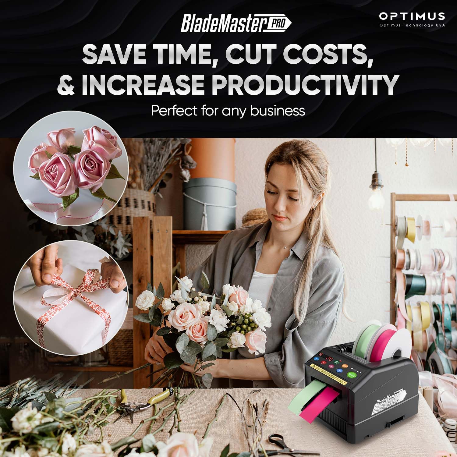 BladeMaster PRO Automatic Ribbon Cutting Machine - Commercial Grade Smart Tape Dispenser with Auto Cutter (2024 Upgraded Model) - Perfect for Gift Wrapping, Packaging, and Crafting - USA Stock Black