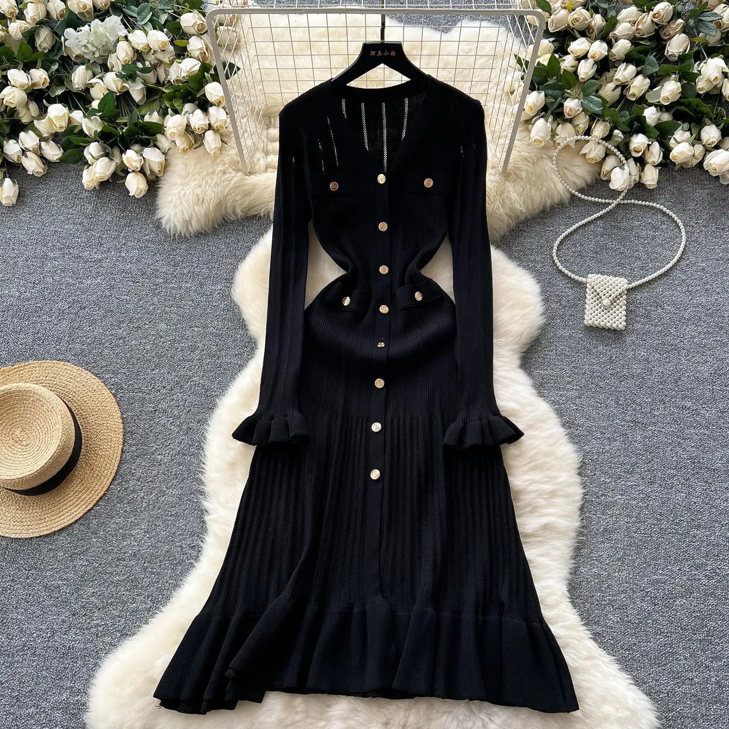 Elegant French Green V-Neck Knitted Dress for Women - Slim Fit Long Sleeve Ruffled Dress with Single Breasted Design | Perfect for Autumn 2024 Fashion, Office Wear, and Special Occasions