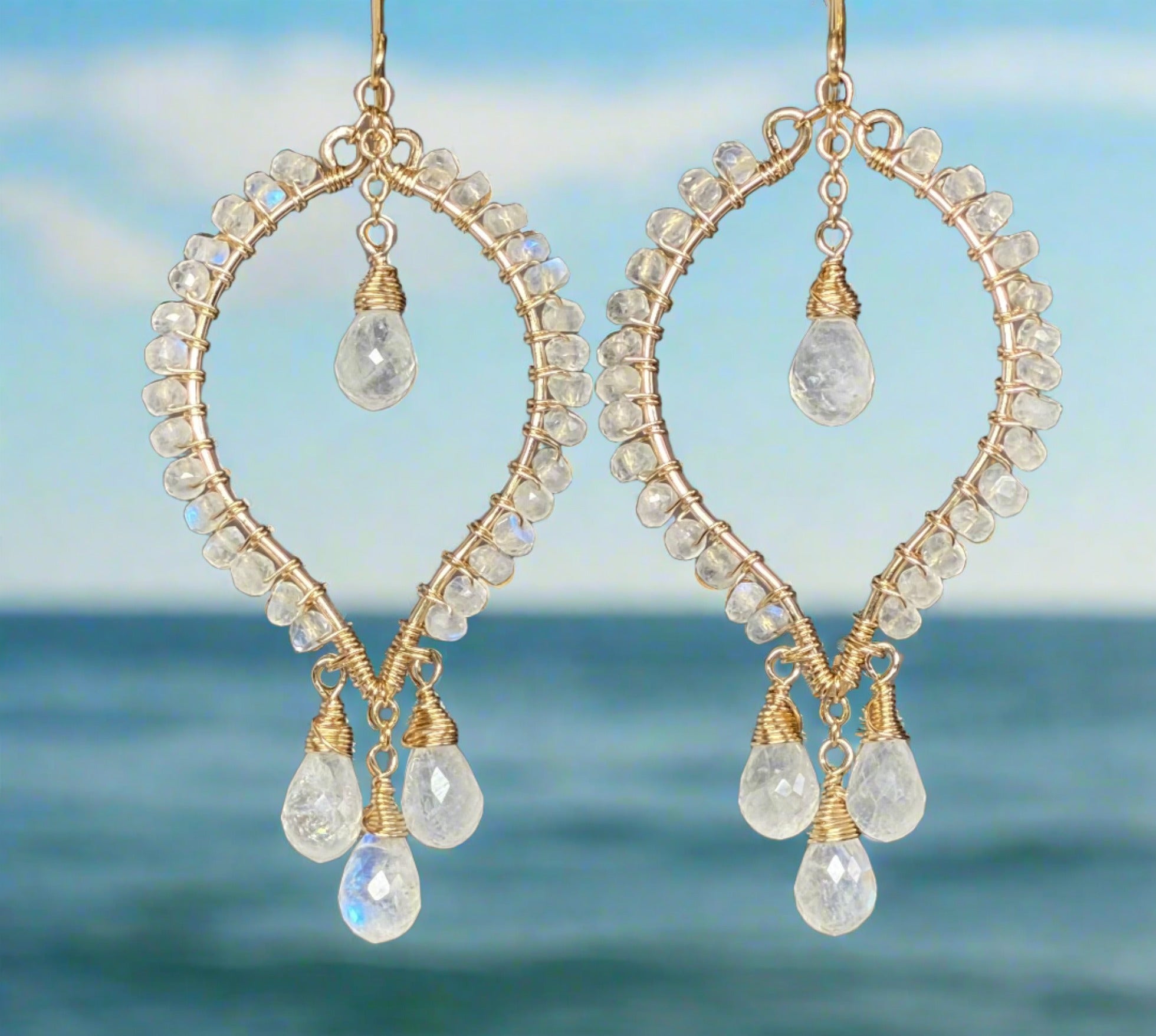 14K Gold Filled Rainbow Moonstone Chandelier Earrings for Women | Elegant Statement Jewelry for Parties, Weddings & Special Occasions