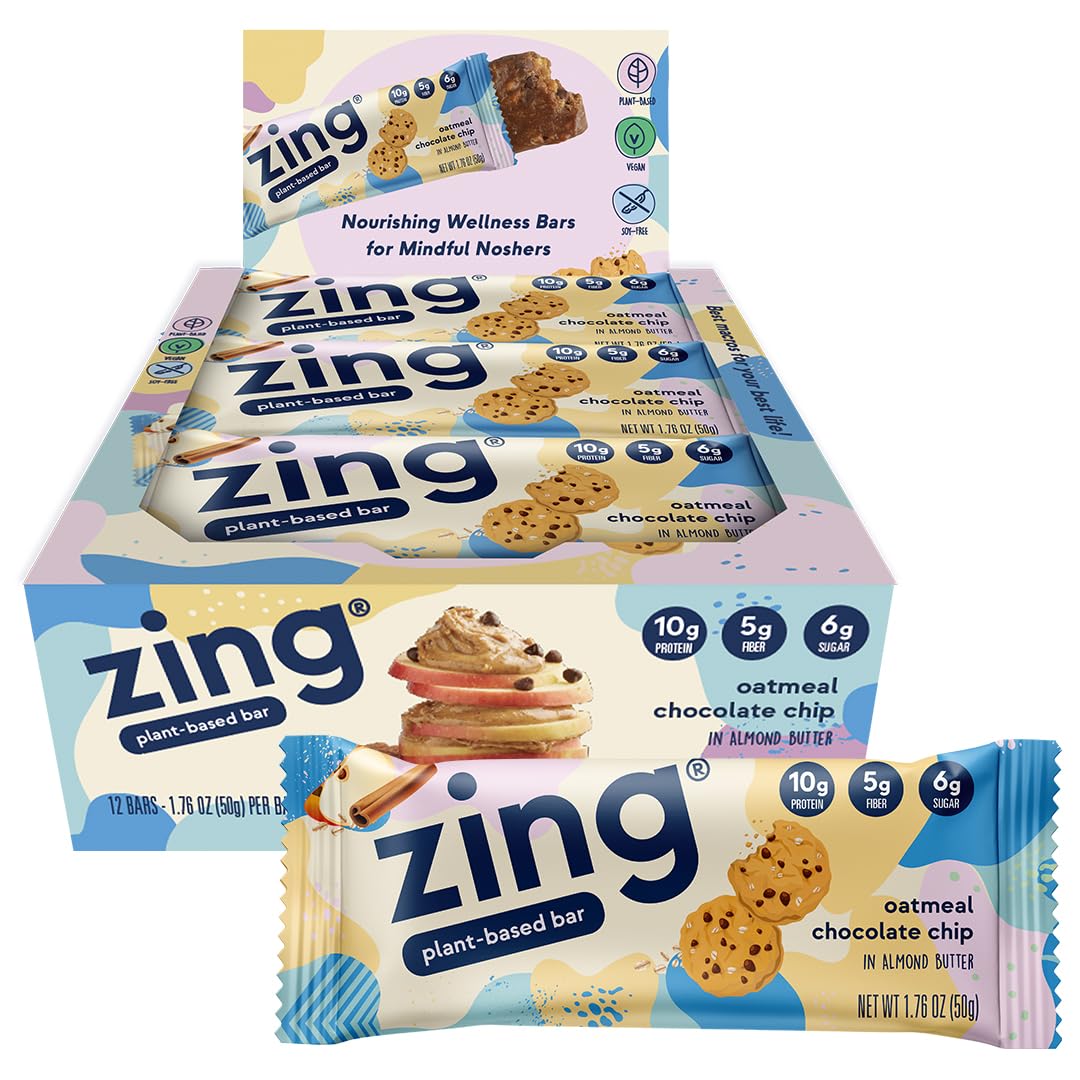 Zing Oatmeal Chocolate Chip Vegan Protein Bars - Gluten Free, High Protein & Fiber, Dairy Free, Plant Based, Kosher, Low Sugar, No Sugar Alcohols (12 Count) - Perfect for Post-Workout Recovery & Healthy Snacking On-The-Go