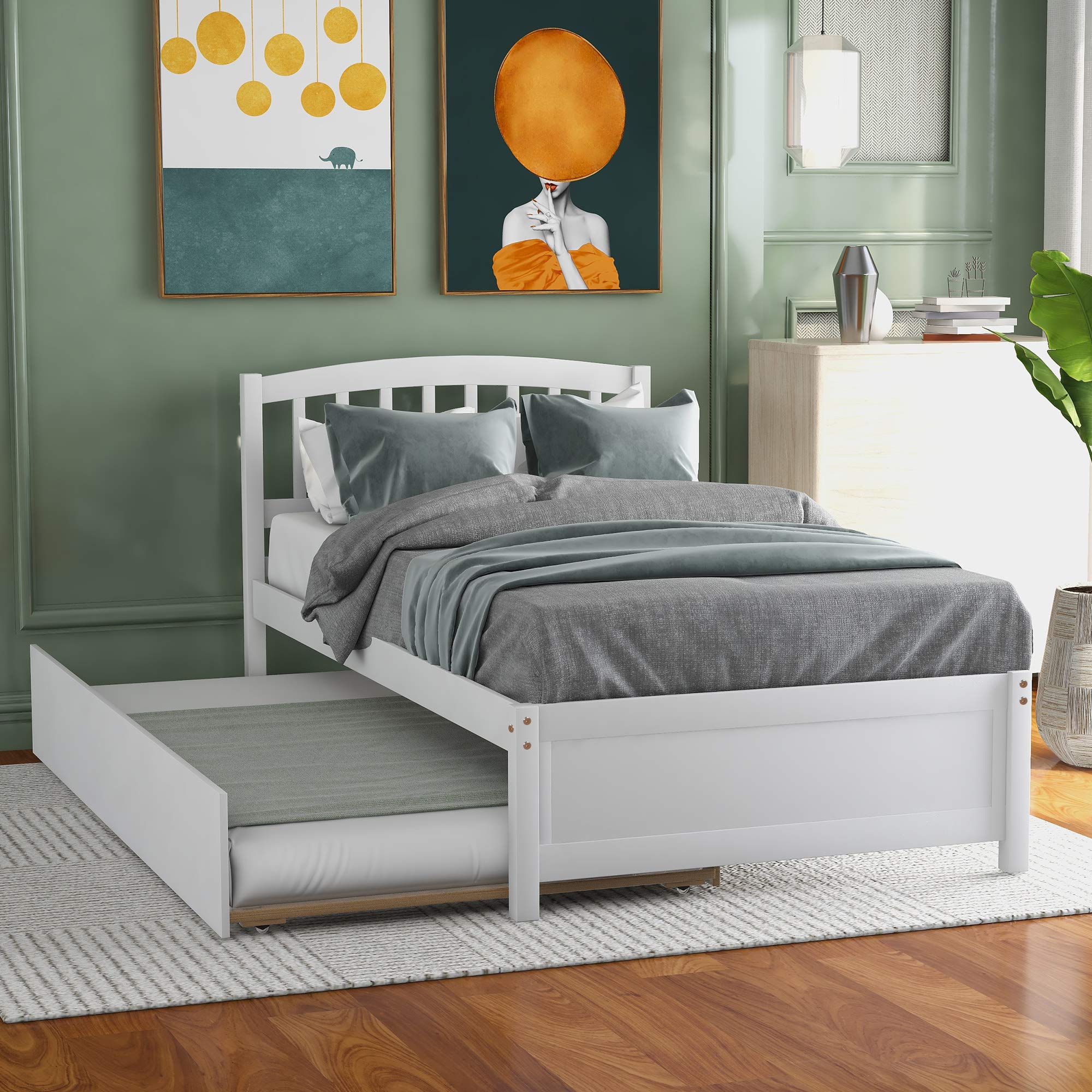 Harper & Bright Designs White Twin Size Wooden Bed Frame with Headboard & Pull Out Trundle - Solid Platform Bed for Kids, Teens & Guest Rooms - Perfect for Small Spaces, Sleepovers & Space-Saving Solutions