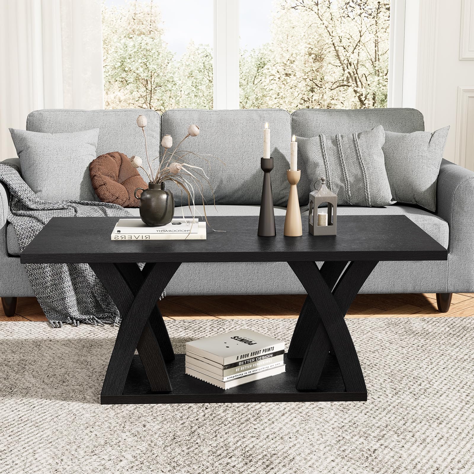 Rustic Farmhouse Coffee Table with Shelf - 47