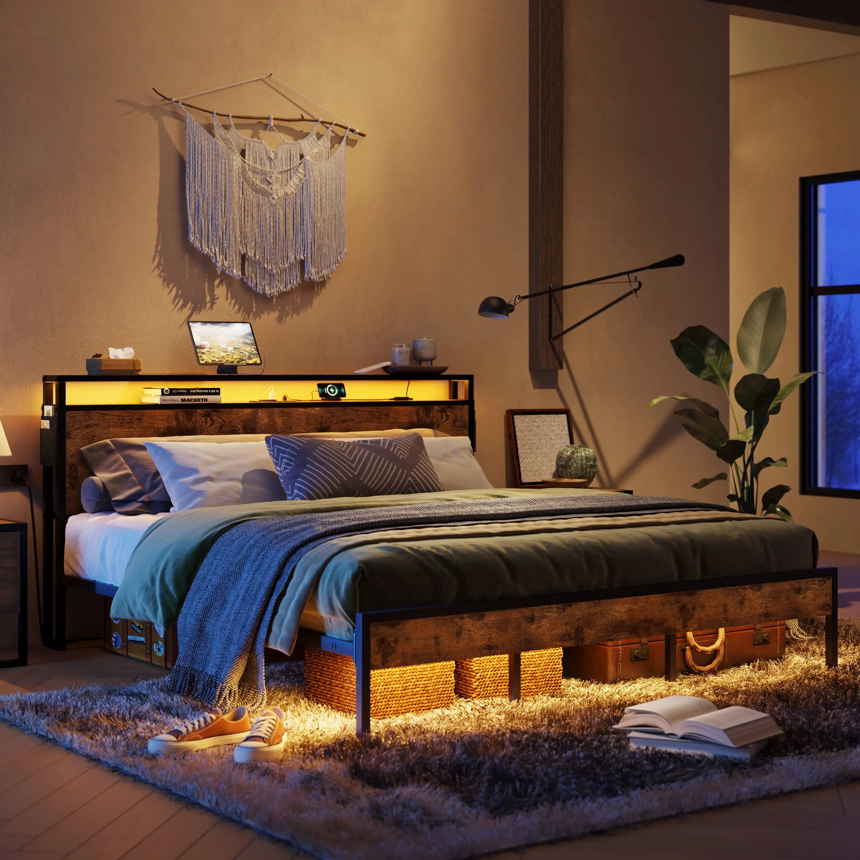 Bestier LED King Size Bed Frame with Headboard and USB Ports - Modern Platform Bed for Bedroom, Home Decor, and Relaxation