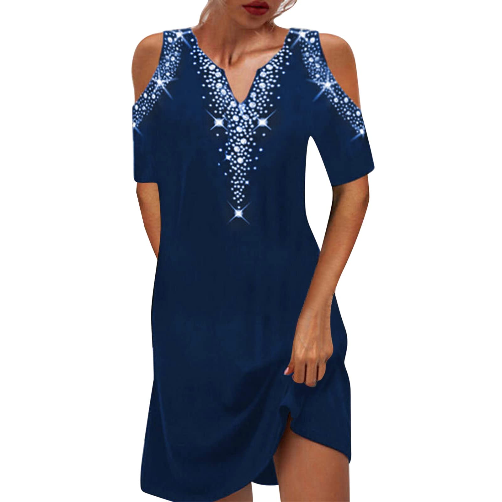 Women's Summer Sun Dresses 2022 - Short Sleeve Cold Shoulder Sexy Floral Print V-Neck Loose Dress | Beach Vacation, Party & Casual Wear