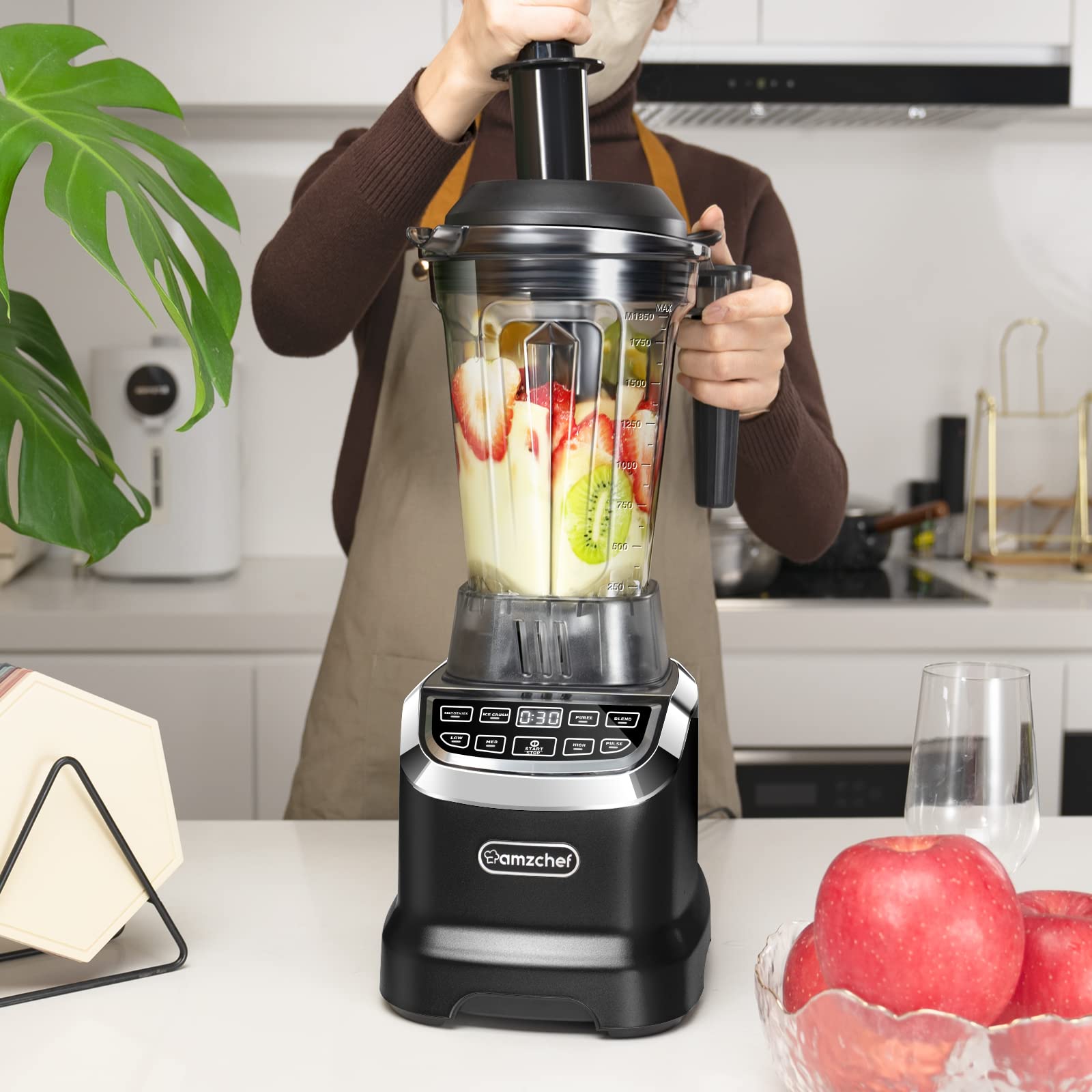 AMZCHEF 1800W Professional Blender for Smoothies, Frozen Drinks, Ice Cream & Soup - 63oz Glass Jar, 20oz Travel Bottle, 4 Functions & 3 Speeds - Powerful Kitchen Blender for Healthy Shakes, Baby Food & Meal Prep (Black)