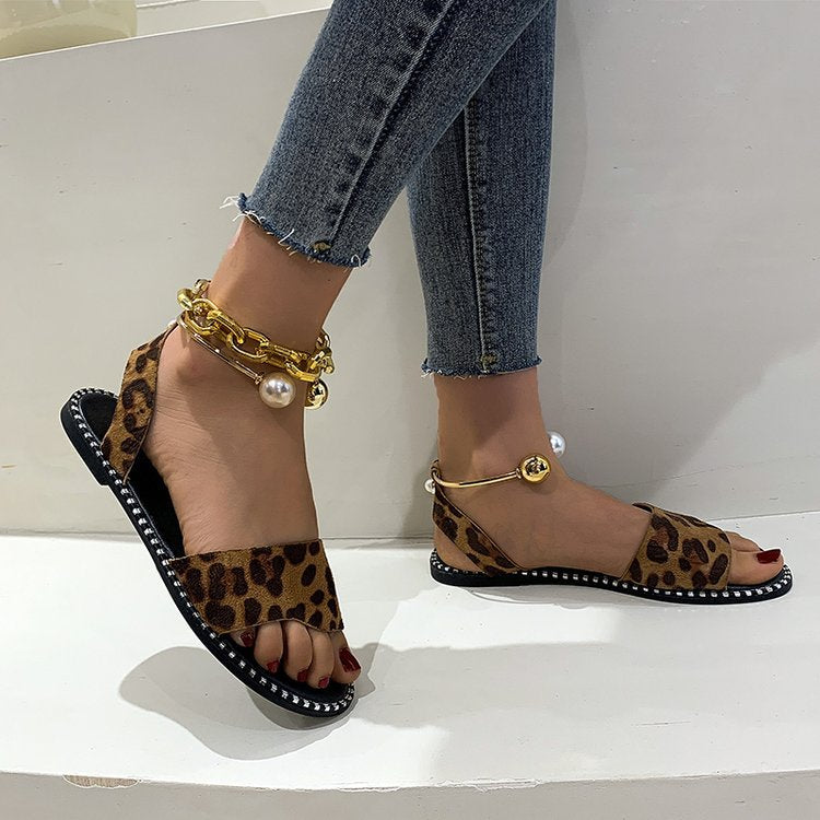 Women's Summer Flat Bottom Pearl Buckle Roman Sandals - Comfortable Casual Beach Walking Shoes for Vacation & Outdoor Activities