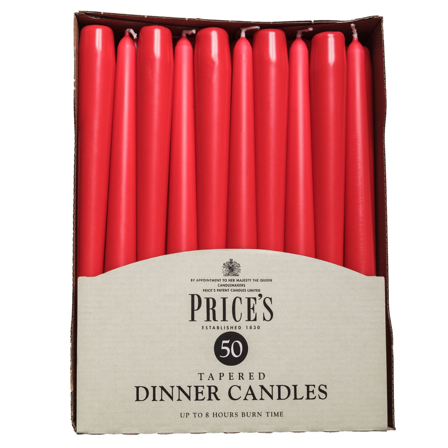 Price's Candles - 50 Pack Red Unscented Tapered Dinner Candles | Dripless Design | 7 Hour Burn Time | Perfect for Romantic Dinners, Weddings & Holiday Decorations