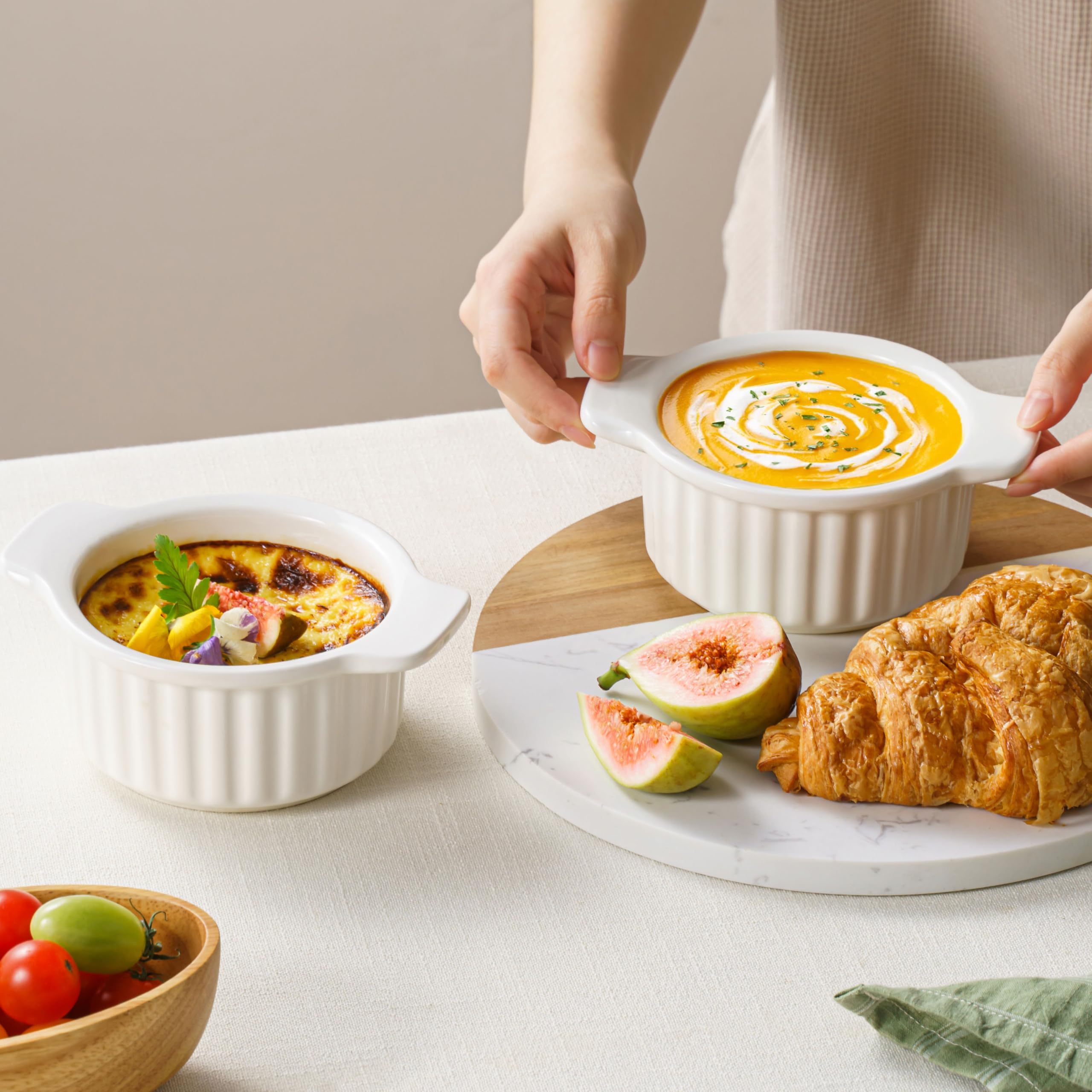 12 Oz French Onion Soup Bowls with Handles - Set of 6 Oven-Safe Ramekins for Beef Stew, Chili, Cereal & Dessert | Perfect for Baking, Serving & Entertaining