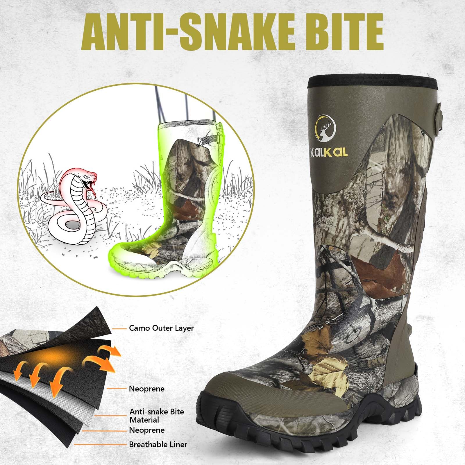 Men's Kalkal Snake Boots - Waterproof Insulated Hunting Boots with 5mm Neoprene & Anti-Slip Sole for Outdoor Work, Farming, Gardening, Fishing - Perfect for Rugged Terrain and Wet Conditions