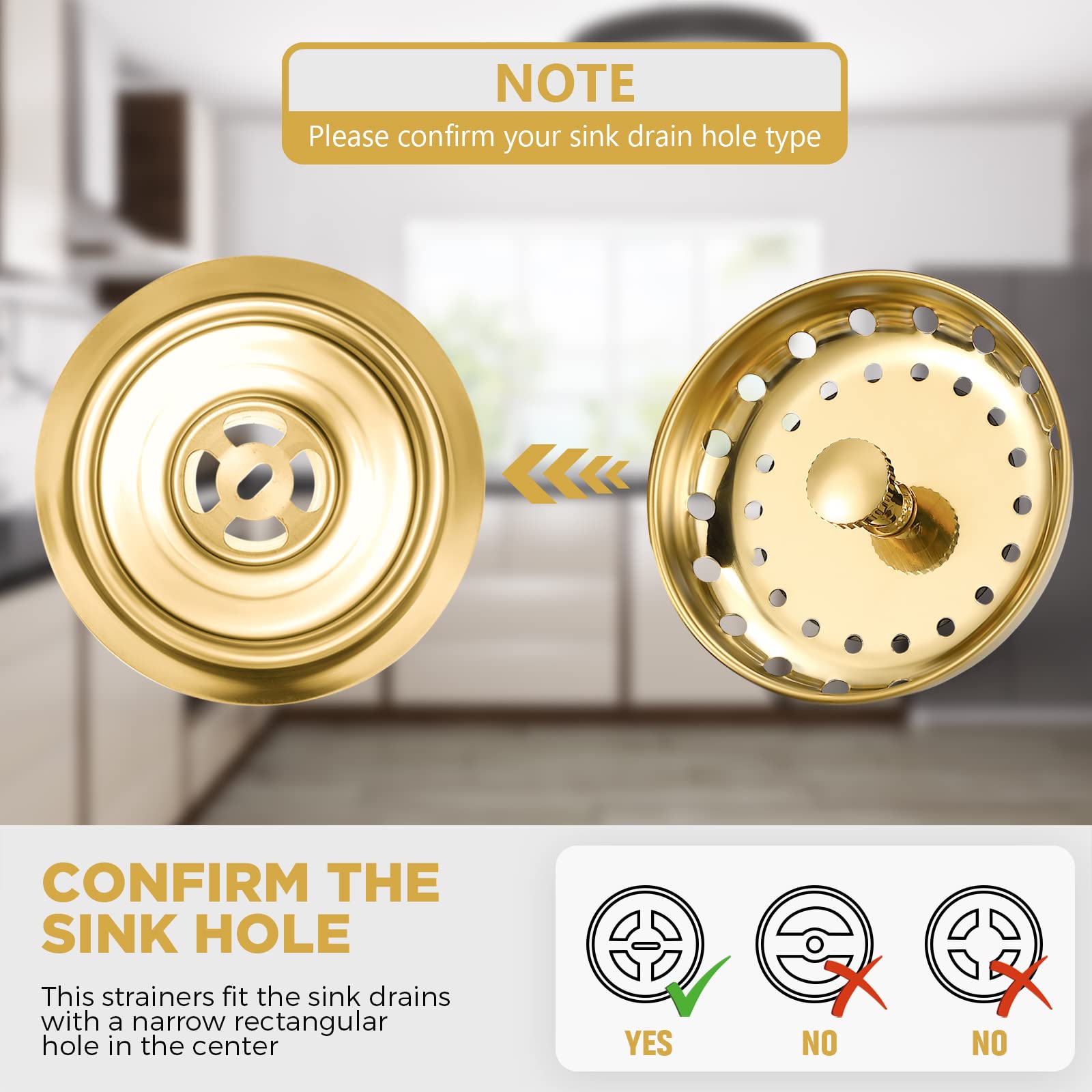 3-Pack Stainless Steel Kitchen Sink Drain Strainer & Stopper with Handle - Universal Anti-Clog Garbage Disposal Plug, Sink Filter Sieve Basket (Light Gold) - Perfect for Kitchen, Bathroom, RV & Camper Use