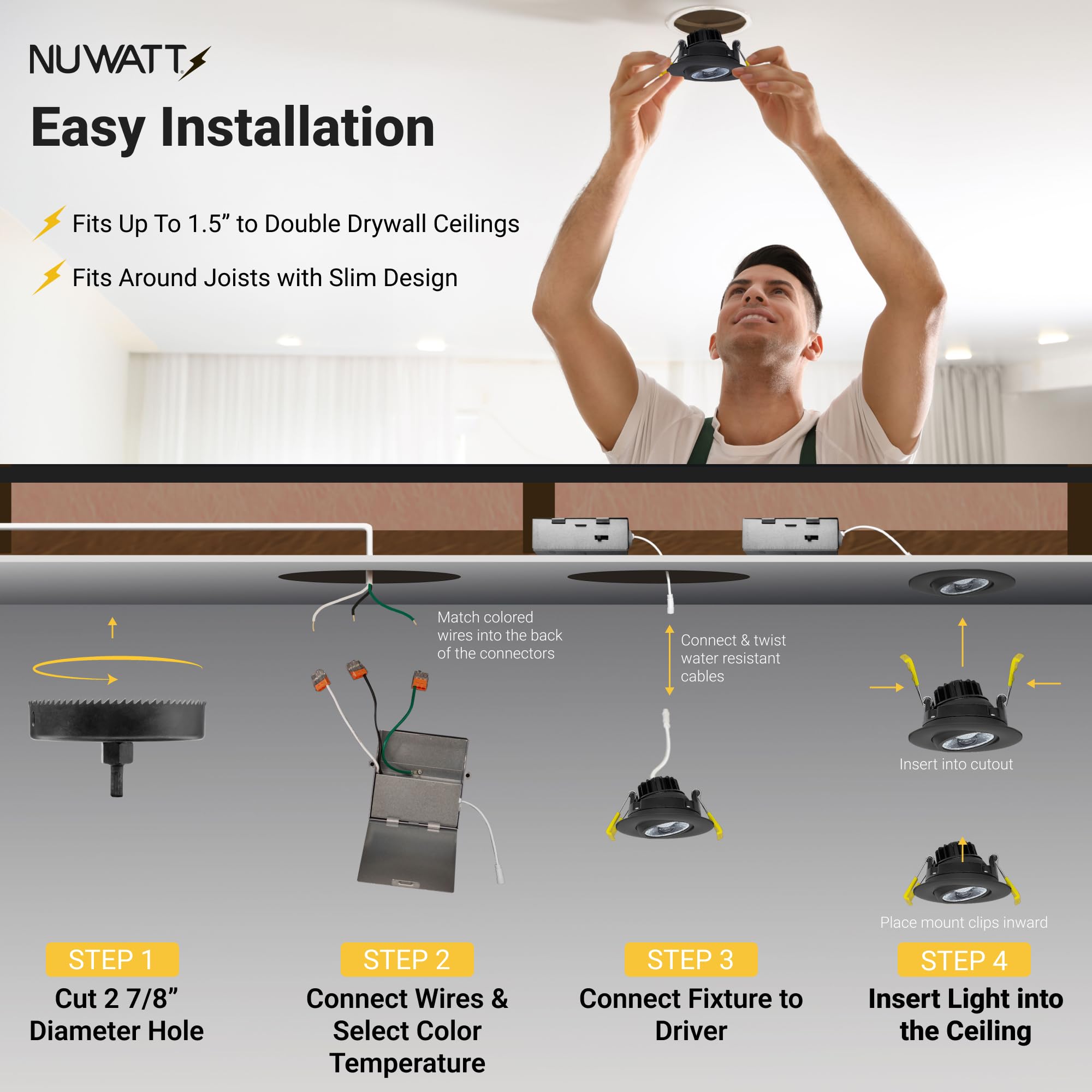 NUWATT Black 3 Inch LED Gimbal Recessed Lights - 5CCT Selectable (2700K-5000K), 8W 600 Lumens, IC & Wet Rated, 120V Dimmable, Canless Eyeball Adjustable - Perfect for Living Room, Kitchen, Bedroom & Bathroom Lighting (4 Pack)