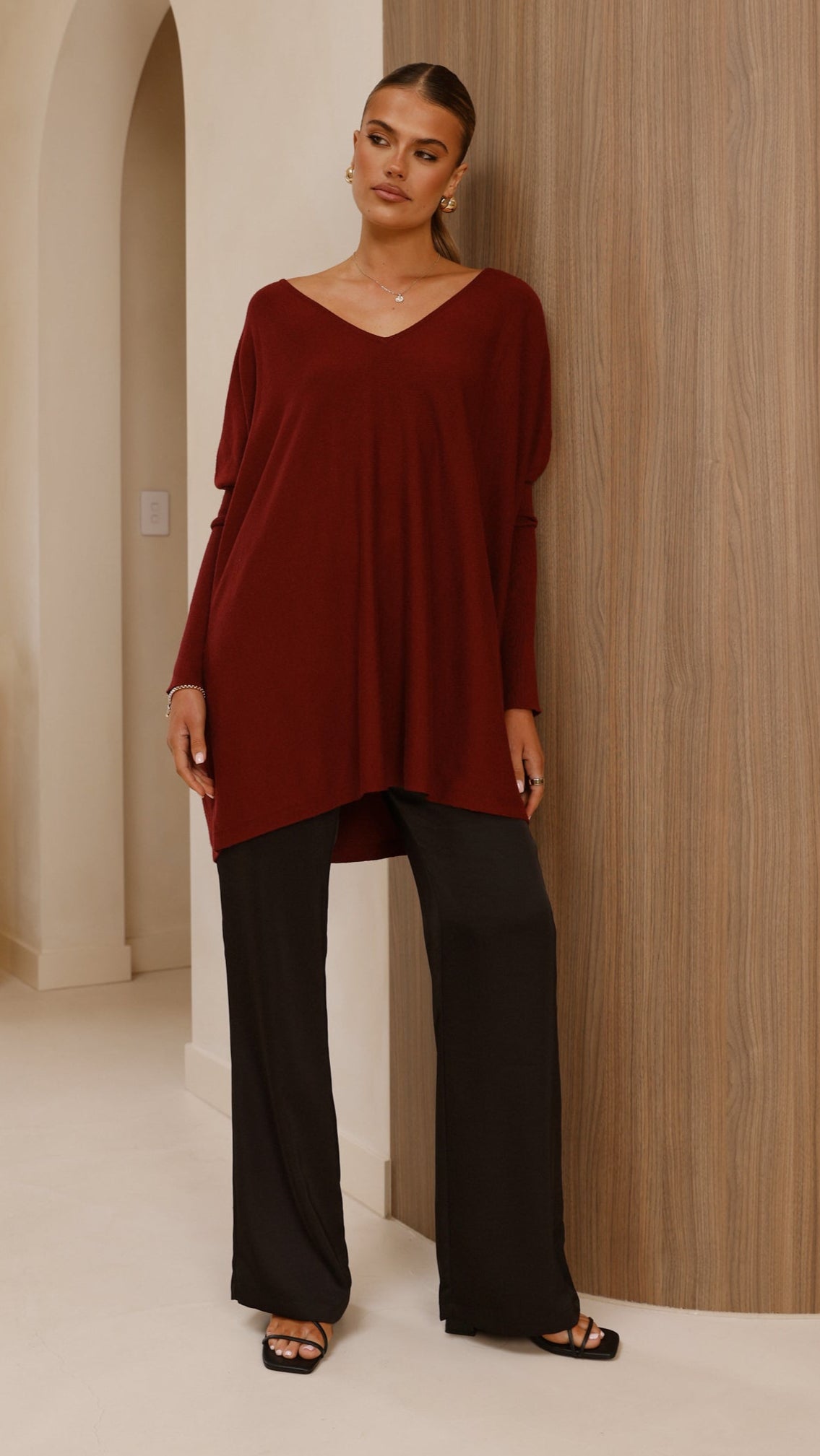 Amalia Knit Top Women's Burgundy V-Neck Long Sleeve Casual Blouse for Work & Everyday Wear