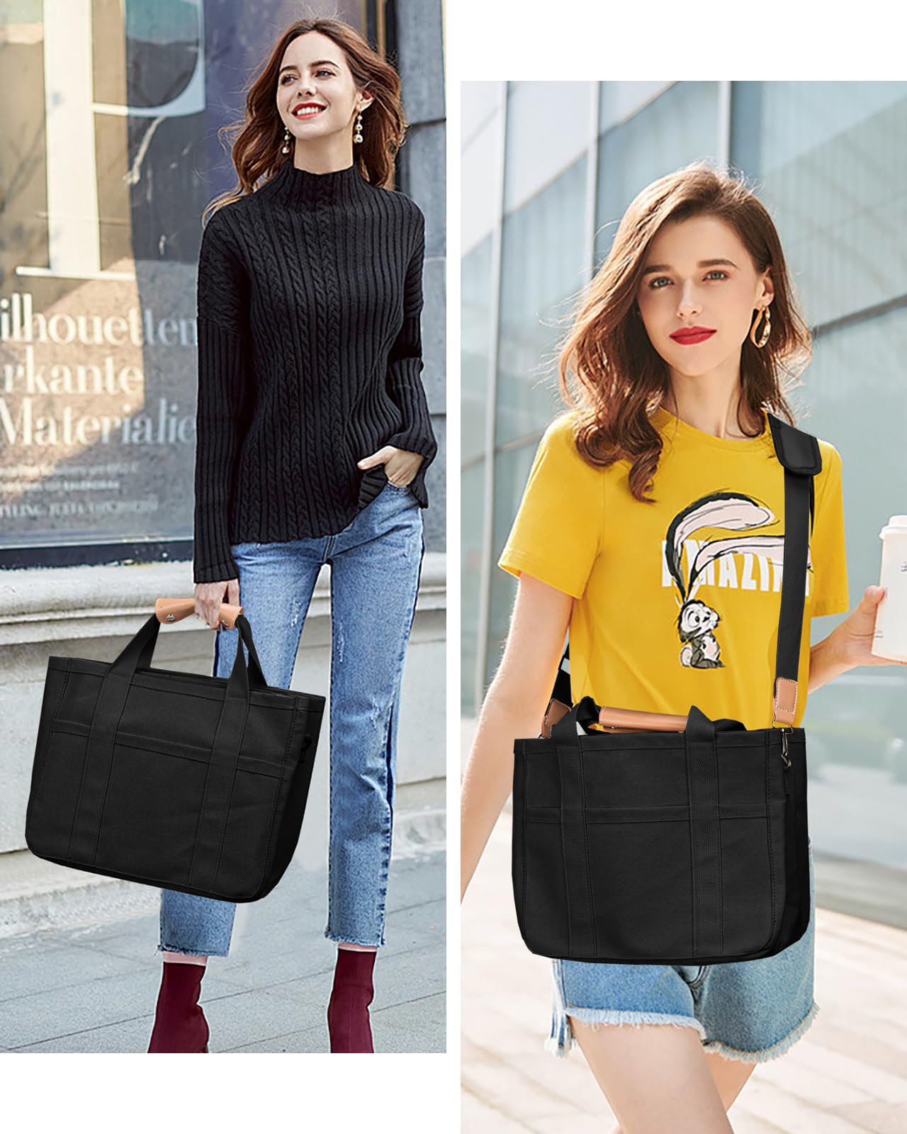 Women's Multi-Pocket Canvas Tote Bag - Large Crossbody Shoulder Bag for Work & Travel